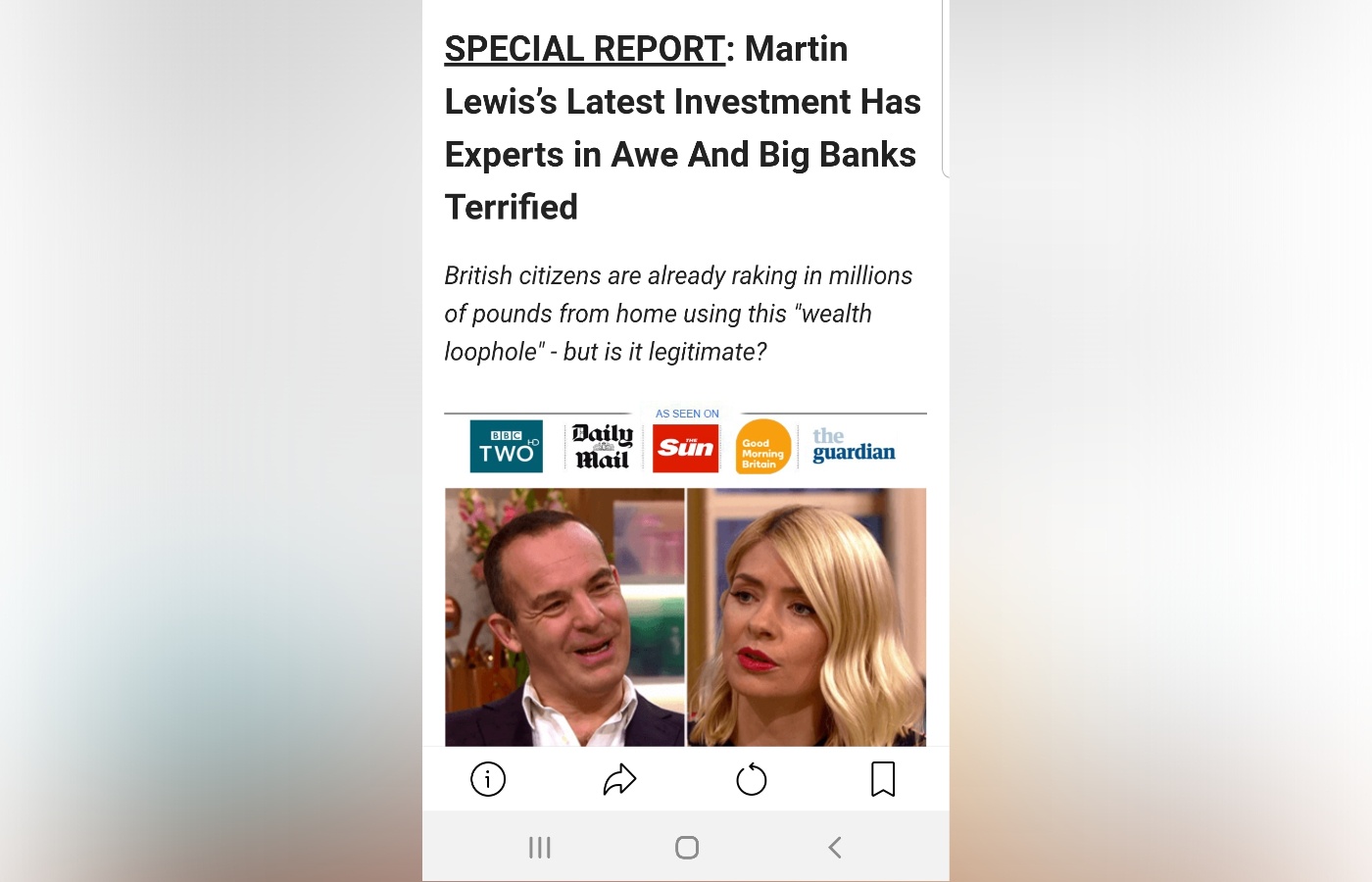 The Martin Lewis fake ad which Jennifer discovered on Facebook.