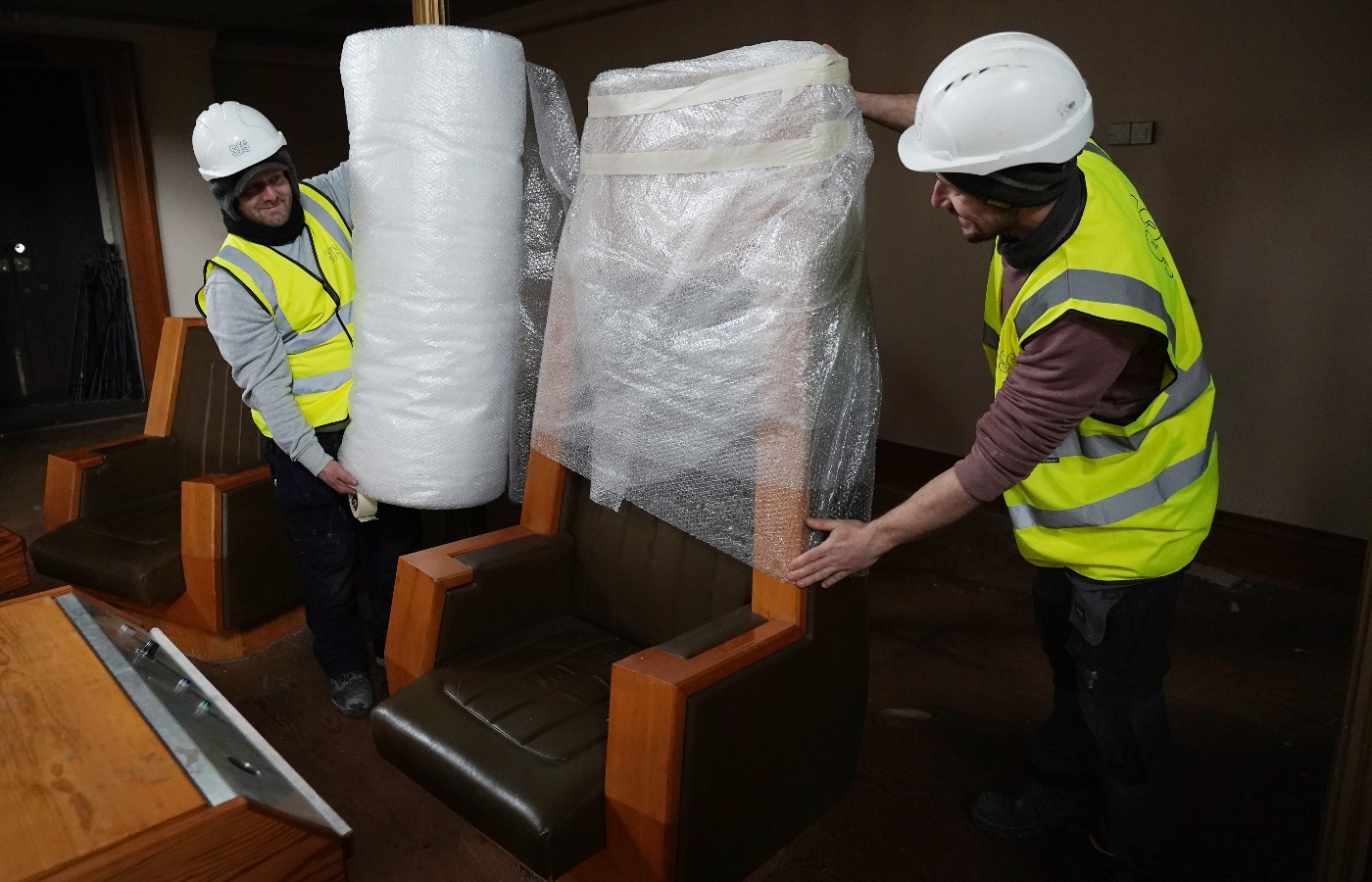 Speaker's Chair from the former Royal High School being prepared for transport.