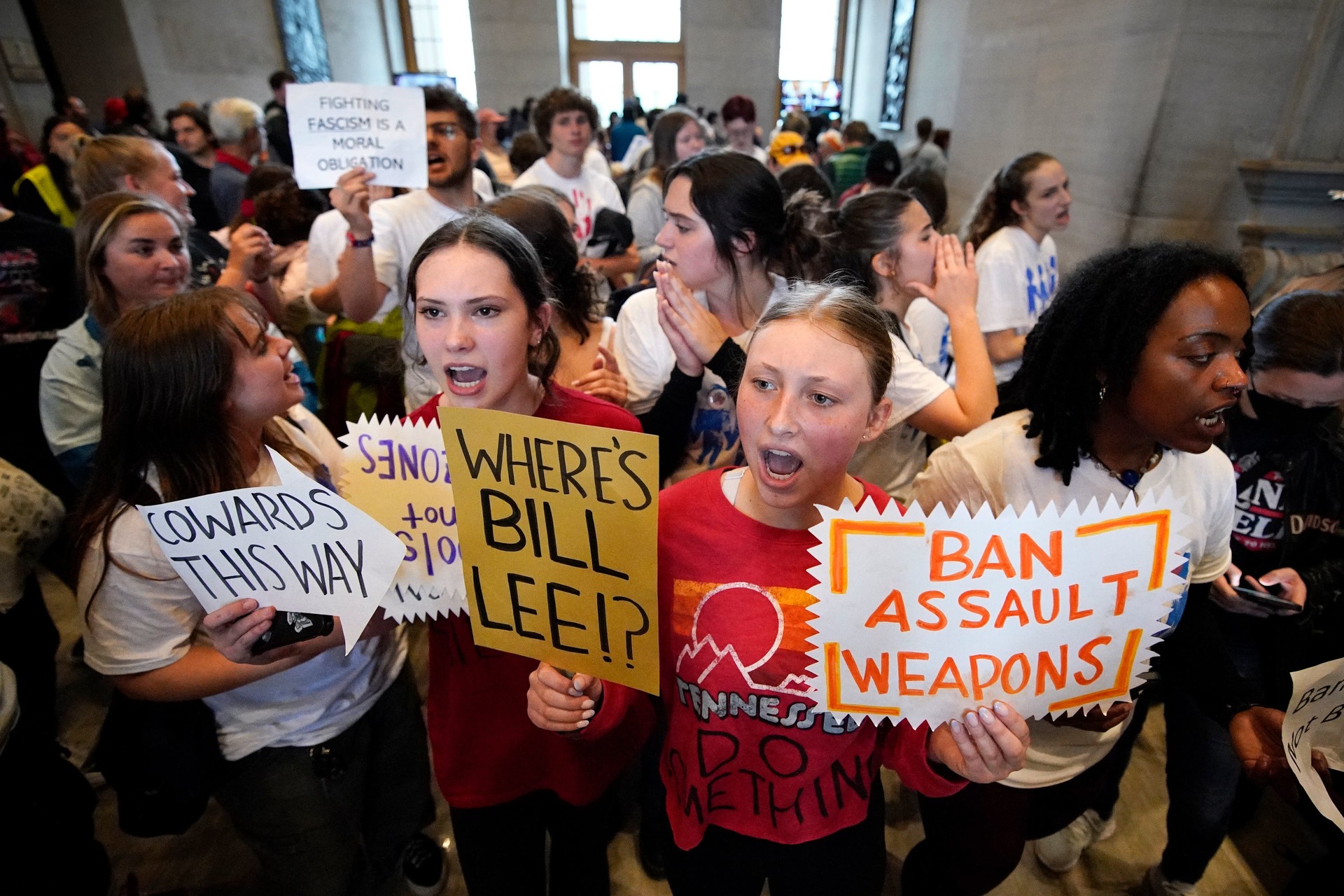Students yell, asking for gun reform legislation in support of the Tennessee Three outside the House chamber on Thursday in Nashville.