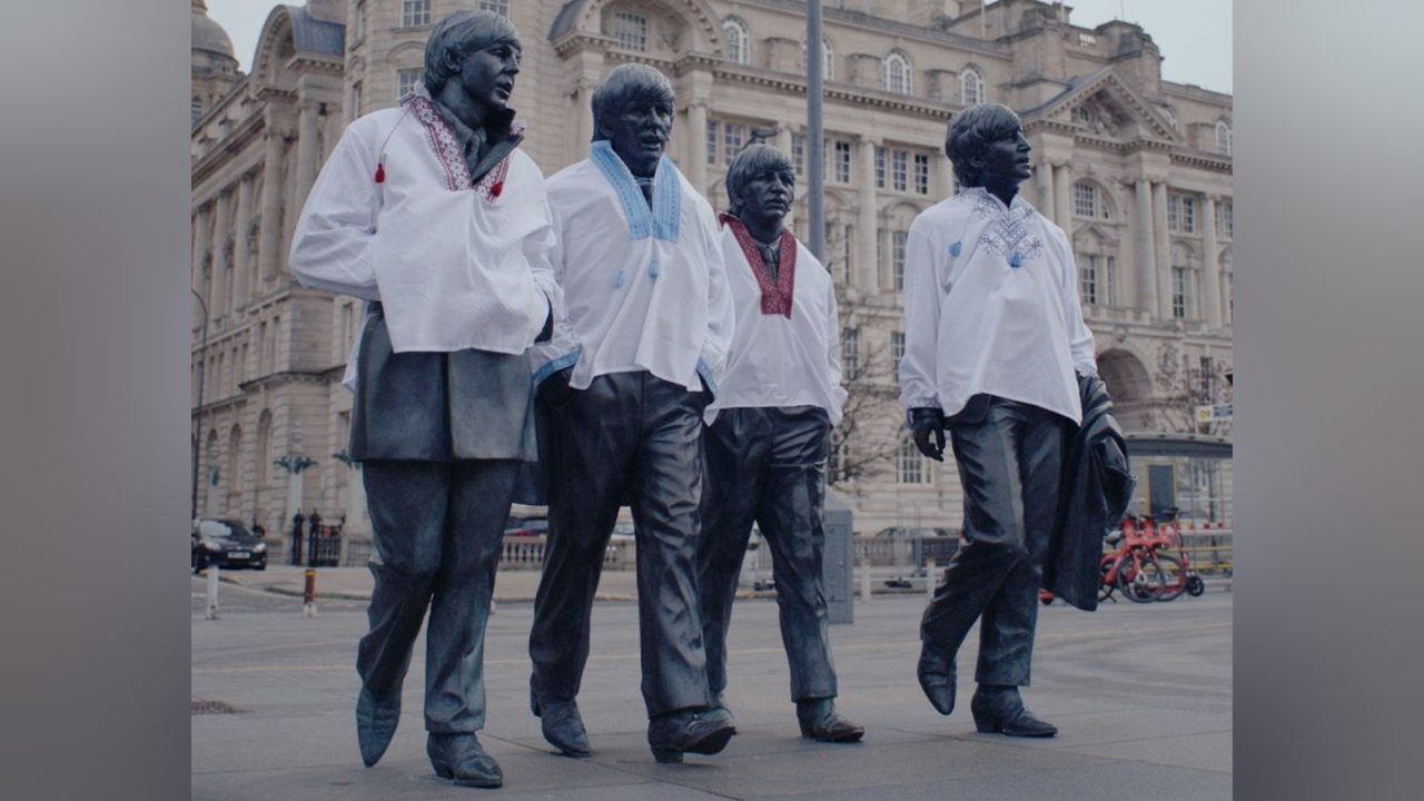 The Beatles statue dressed in Ukrainian clothing ahead of Eurovision Song Contest in Liverpool