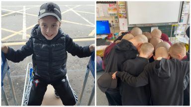 Friends shave heads to support schoolboy, 9, from Markinch in Fife after cancer returns for third time