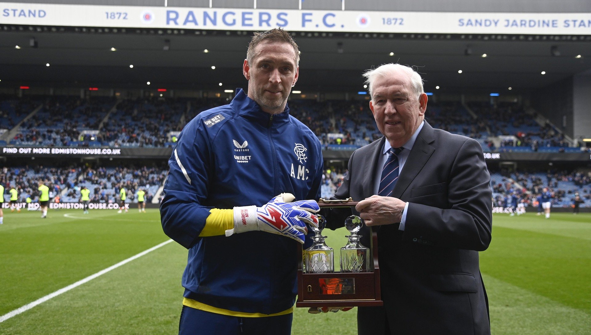 Greig presented McGregor with a trophy to mark his 500th game in goals for Rangers.