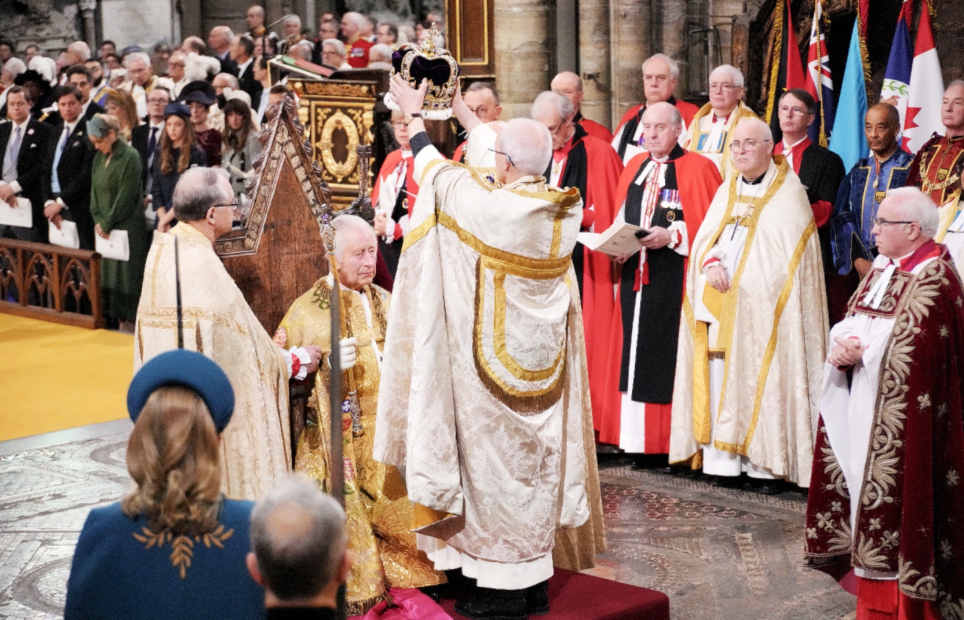 King Charles III is crowned with St Edward's Crown by The Archbishop of Canterbury the Most Reverend Justin Welby during his coronation ceremony in Westminster Abbey.