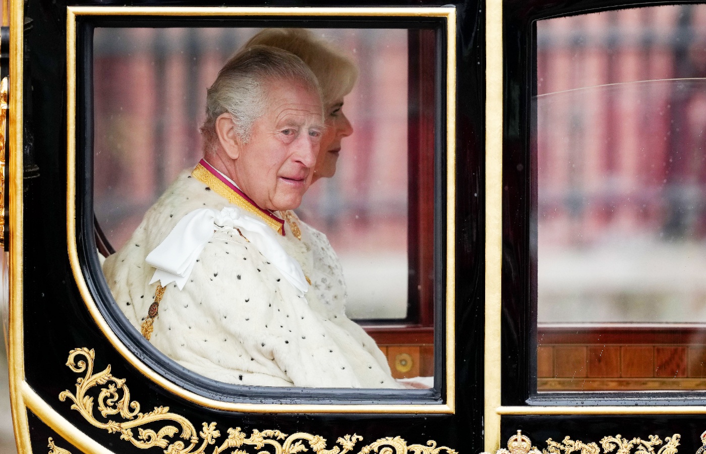 King Charles III and Camilla, Queen Consort travelling in the Diamond Jubilee Coach built in 2012 to commemorate the 60th anniversary of the reign of Queen Elizabeth.