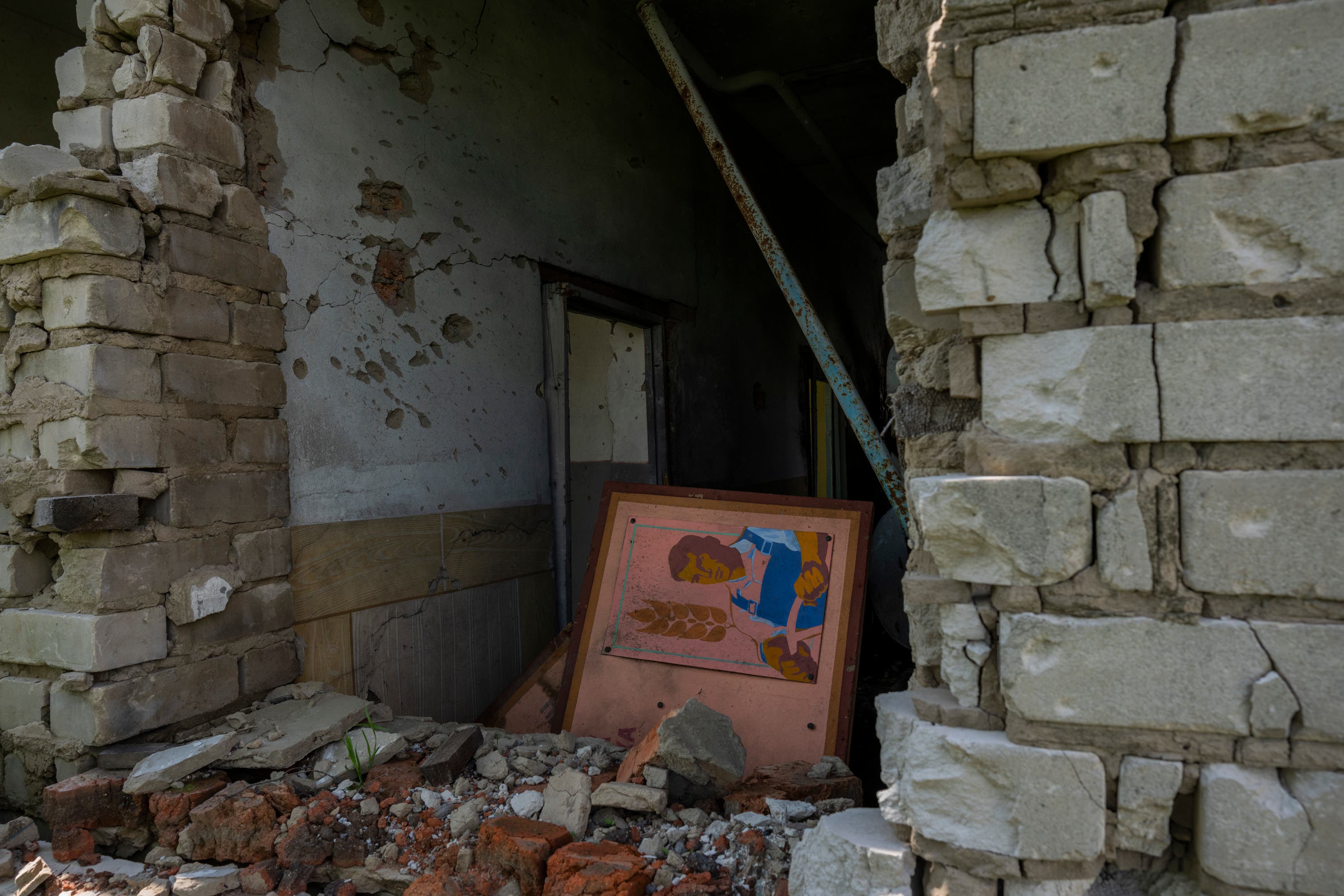 A destroyed building used as shelter by Russian troops at a farm in Ivanivka in the Kherson region of Ukraine.