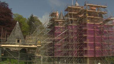 Craigievar Castle pink exterior undergoing conservation work