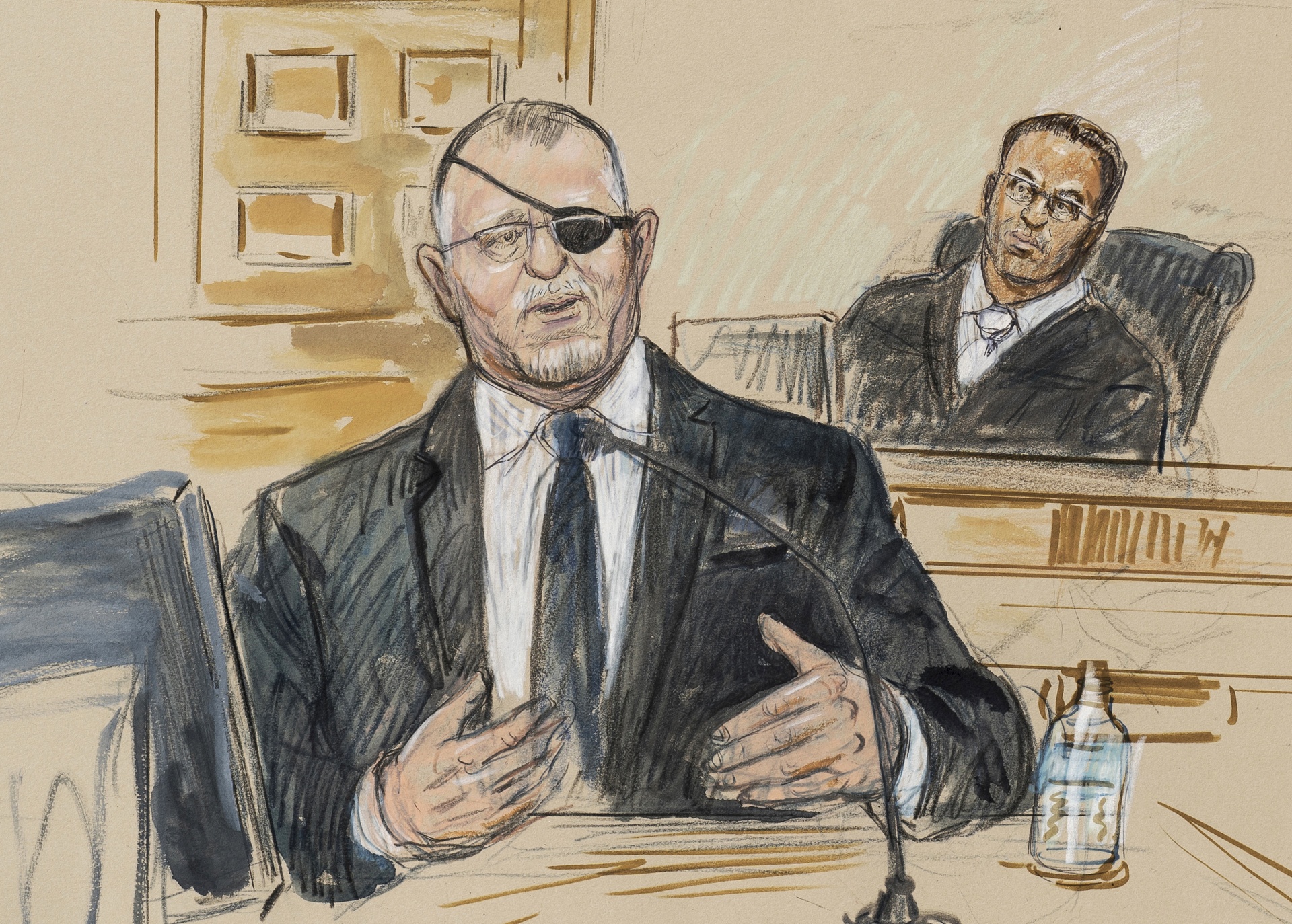 Artist sketch depicts the trial of Oath Keepers leader Stewart Rhodes.