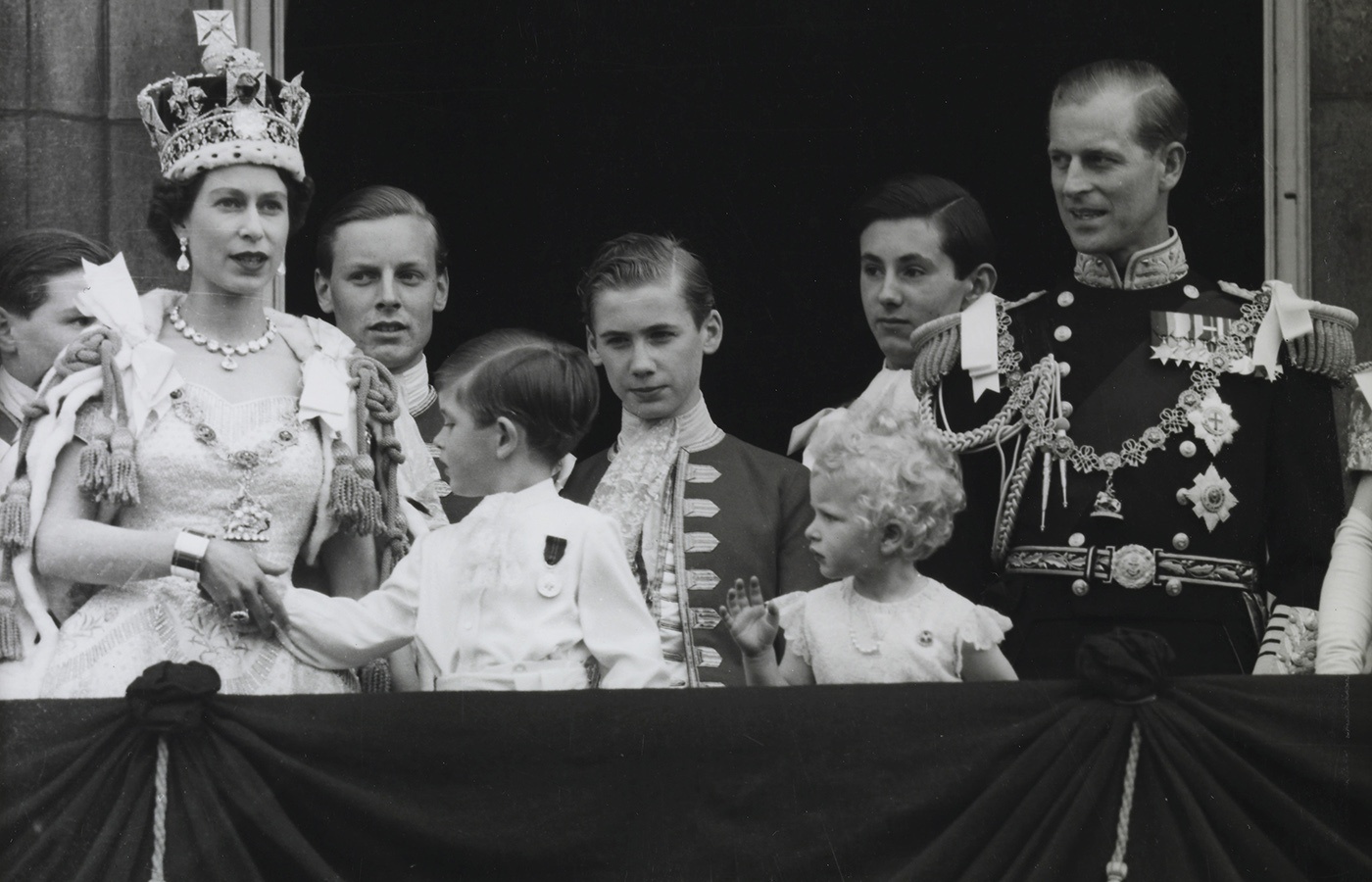 The Queen, Prince Philip, Prince Charles and Princess Anne on the balcony at Buckingham Palace after the coronation in 1953.