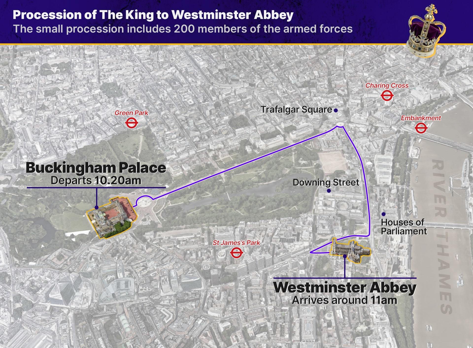 Map of the procession route for King Charles' coronation.