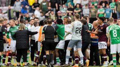 Hearts and Hibernian managers Steven Naismith and Lee Johnson trade words after Edinburgh derby melee