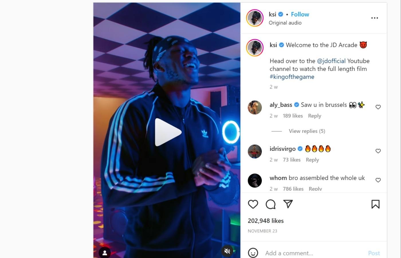 A still from the ad posted by KSI promoting JD Sports