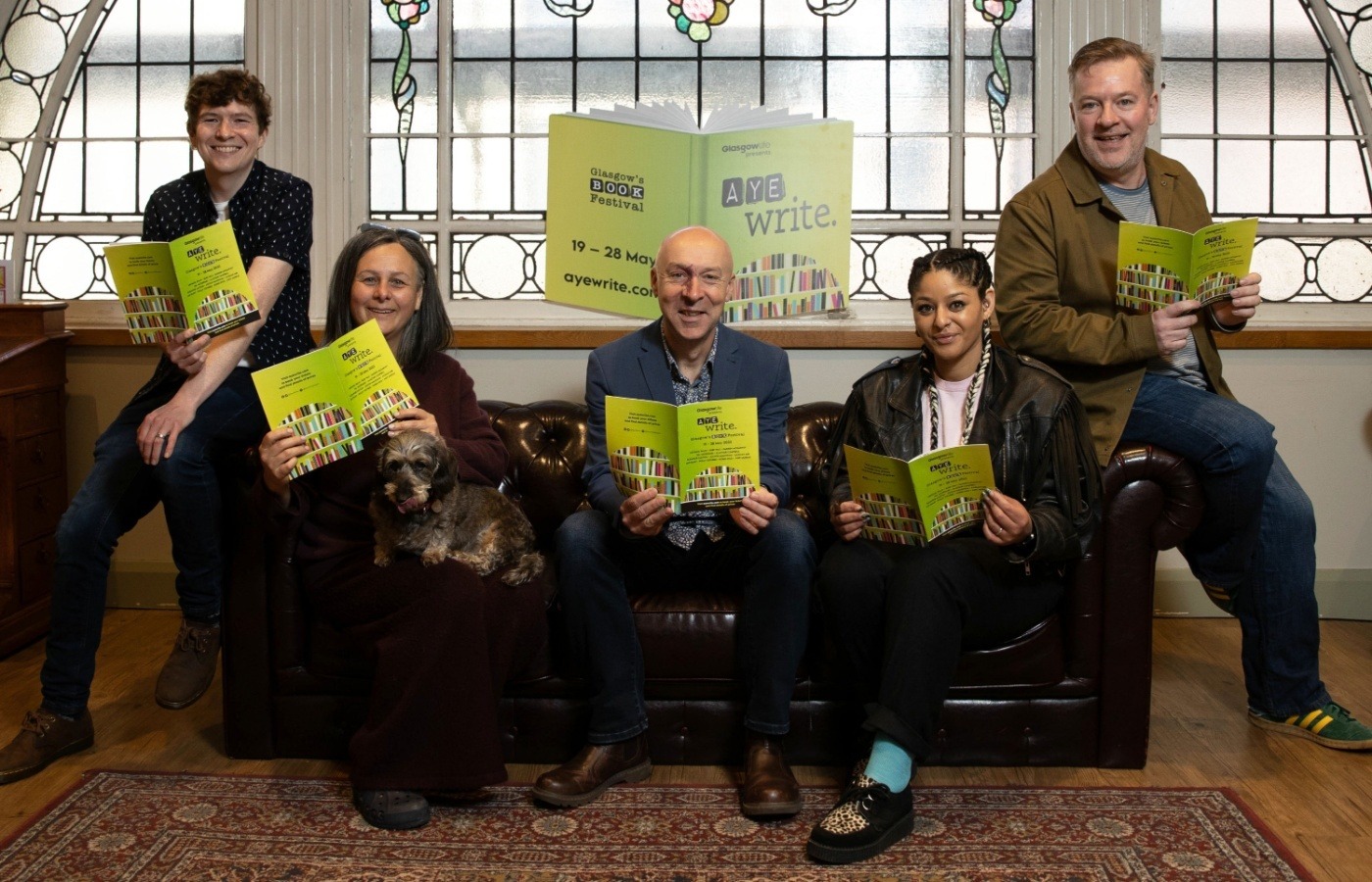 Chris Brookmyre, Sara Sheridan, Charlie Connelly, Layla-Roxanne Hill, and Callum McSorley launching Aye Write.