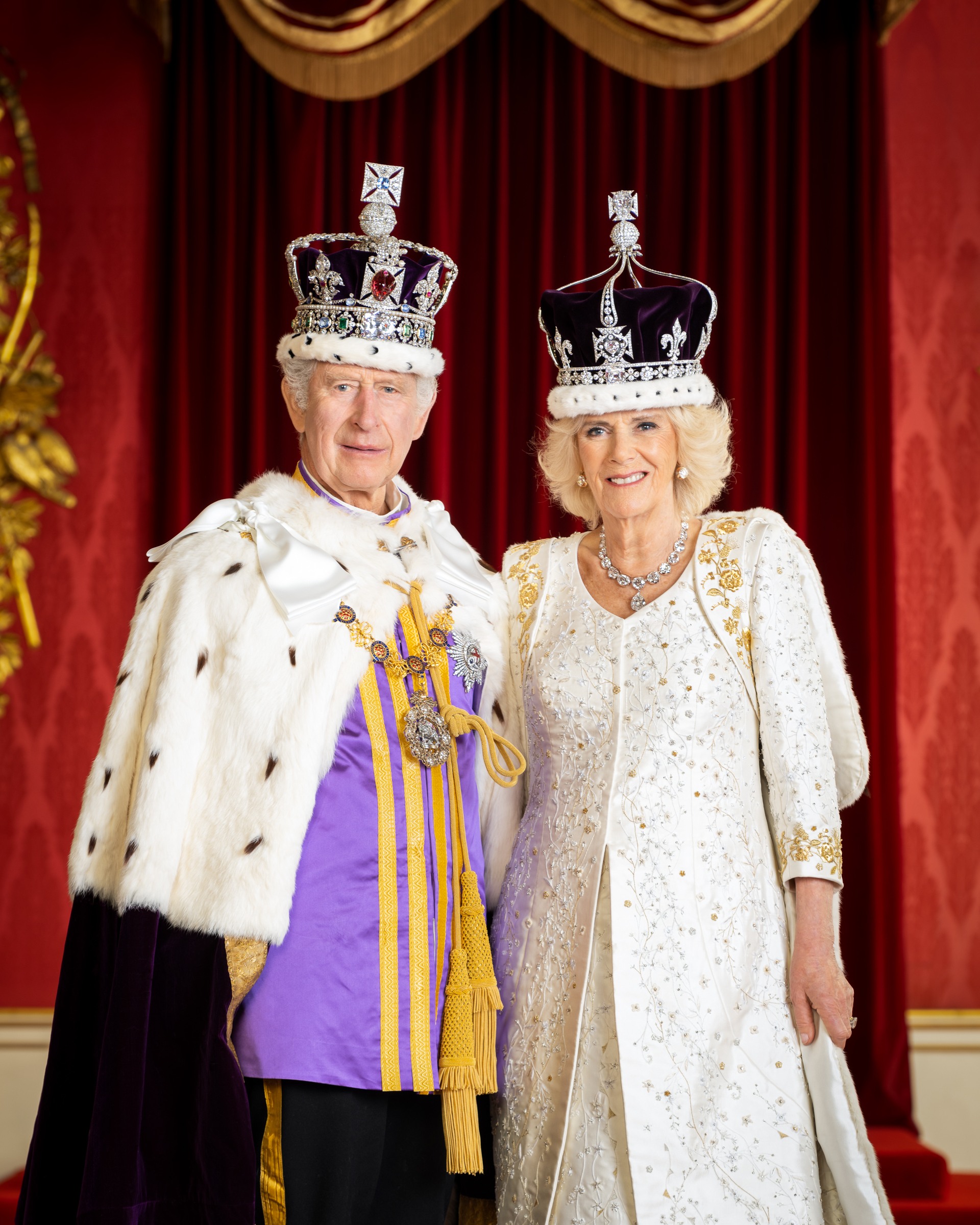 His Majesty King Charles and Her Majesty Queen Camilla are pictured in the Throne Room at Buckingham Palace. 