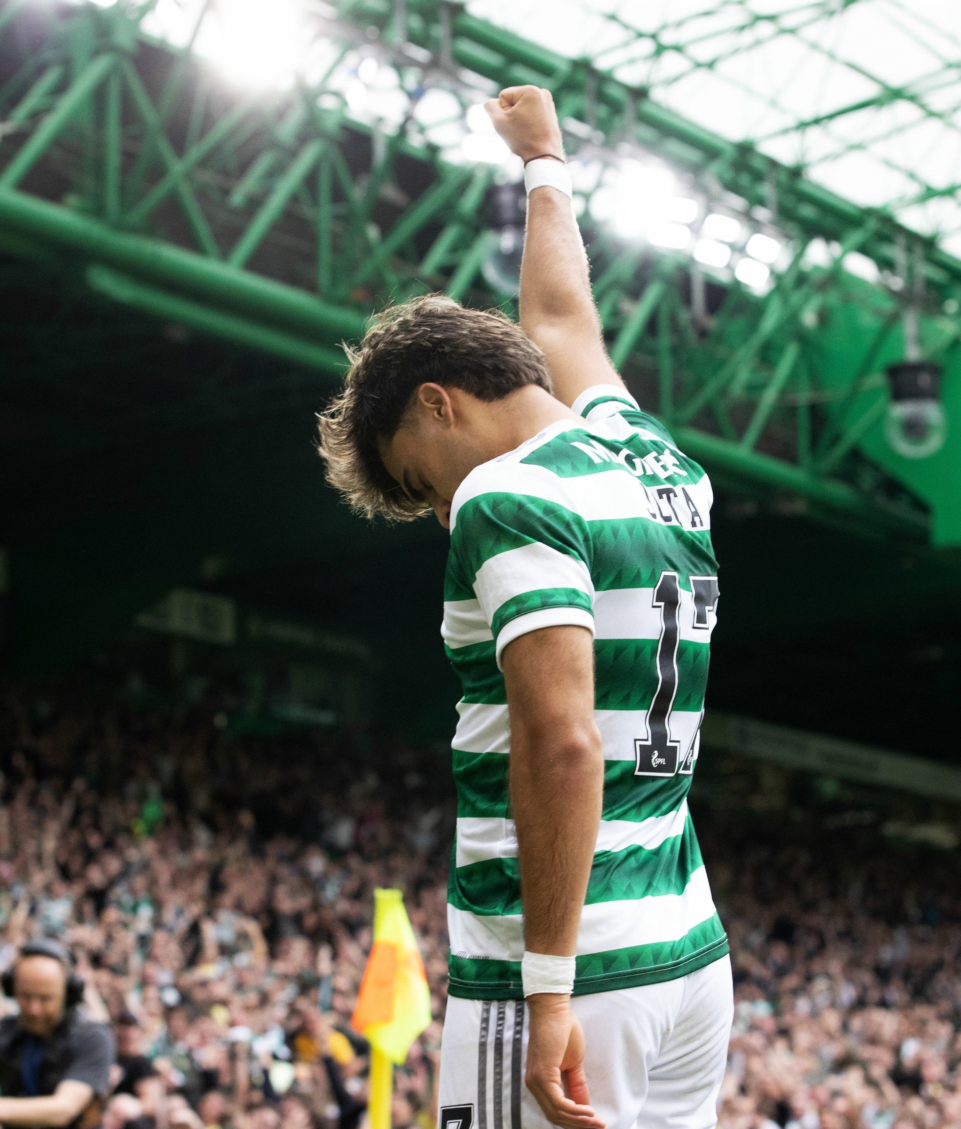 Jota celebrates after scoring to make it 2-0 in the first Old Firm of the season.