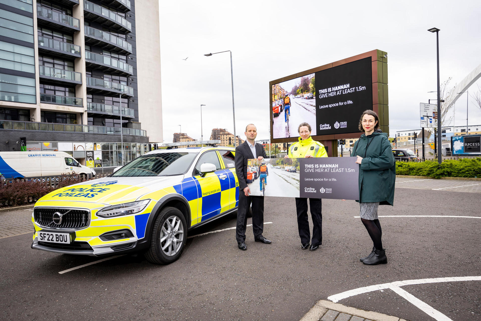 Keith Irving (Chief Executive, Cycling Scotland), Chief Superintendent Hilary Sloan (Head of Road Policing, Police Scotland), and Clare Skelton-Morris (Communications Manager, Cycling Scotland) at campaign launch in Glasgow