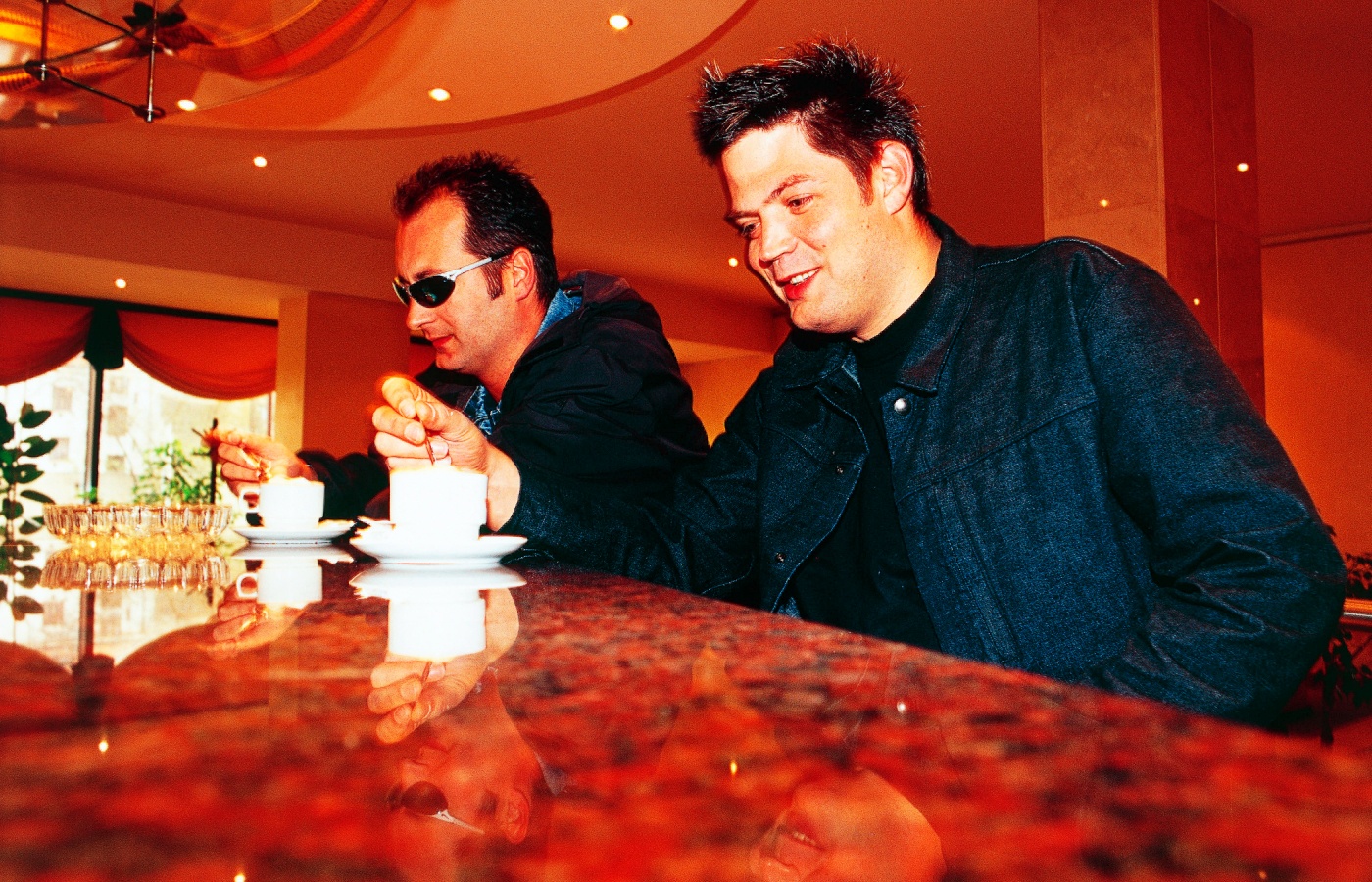 Orde Meikle and Stuart McMillan of Scottish Techno duo Slam, pose at their hotel on April 21, 2001 in Prague.