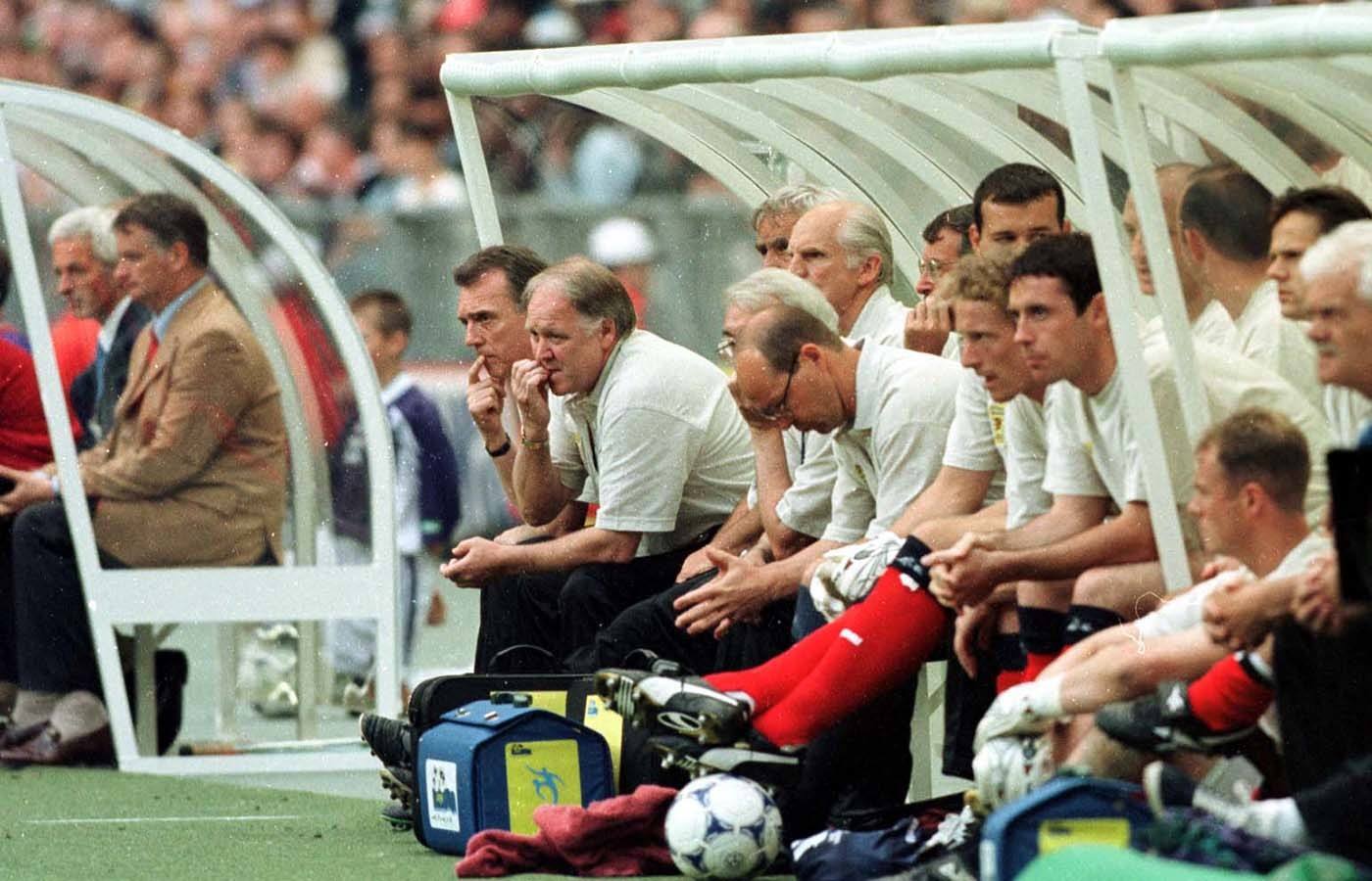Craig Brown in the dugout during the opening match of the 1998 World Cup.