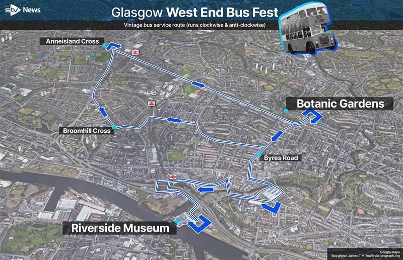 Map showing the main route of the West End Bus Festival 