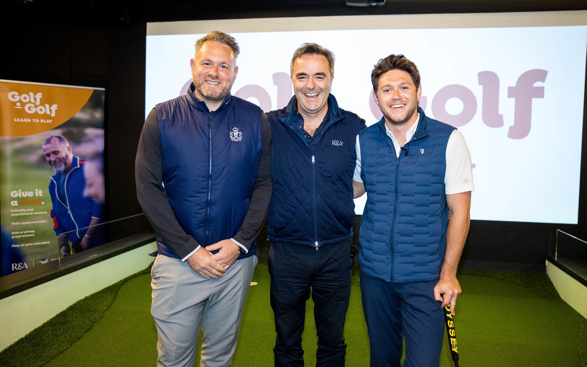 Mark McDonnell (co-founder Modest! Golf Management), Phil Anderton (chief development officer, the R&A) and Niall Horan (R&A ambassador and co-founder, Modest! Golf Management) pose during the R&A Golf.Golf launch at St Andrews. (Ross Parker: Getty)