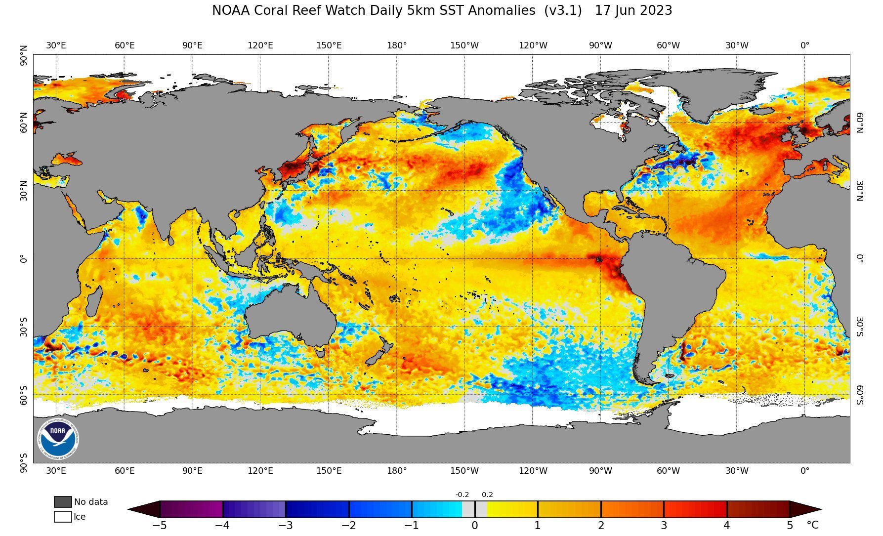 Ocean surface temperatures across the globe showing extreme heat levels in the North Sea.