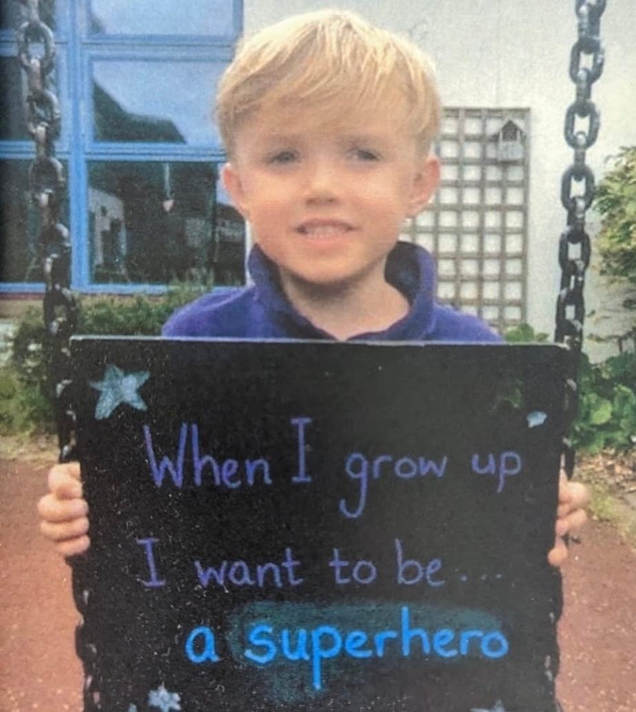 The six-year-old aspiring superhero is now back at school. 