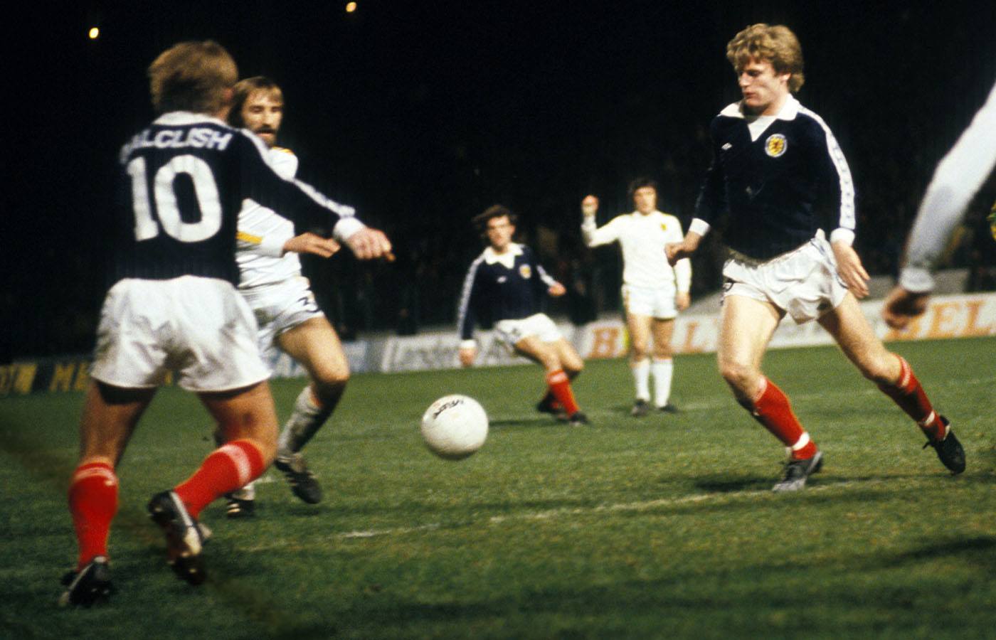 Gordon McQueen in action for Scotland during a European Championship qualifier against Belgium in 1979.