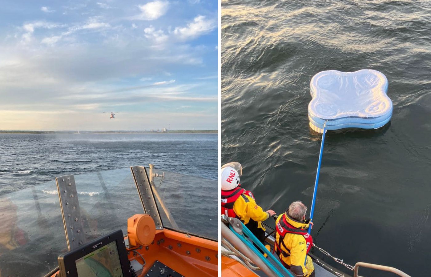 Rescuers fish out the pool toy (right) after three people were rescued on Thursday. 