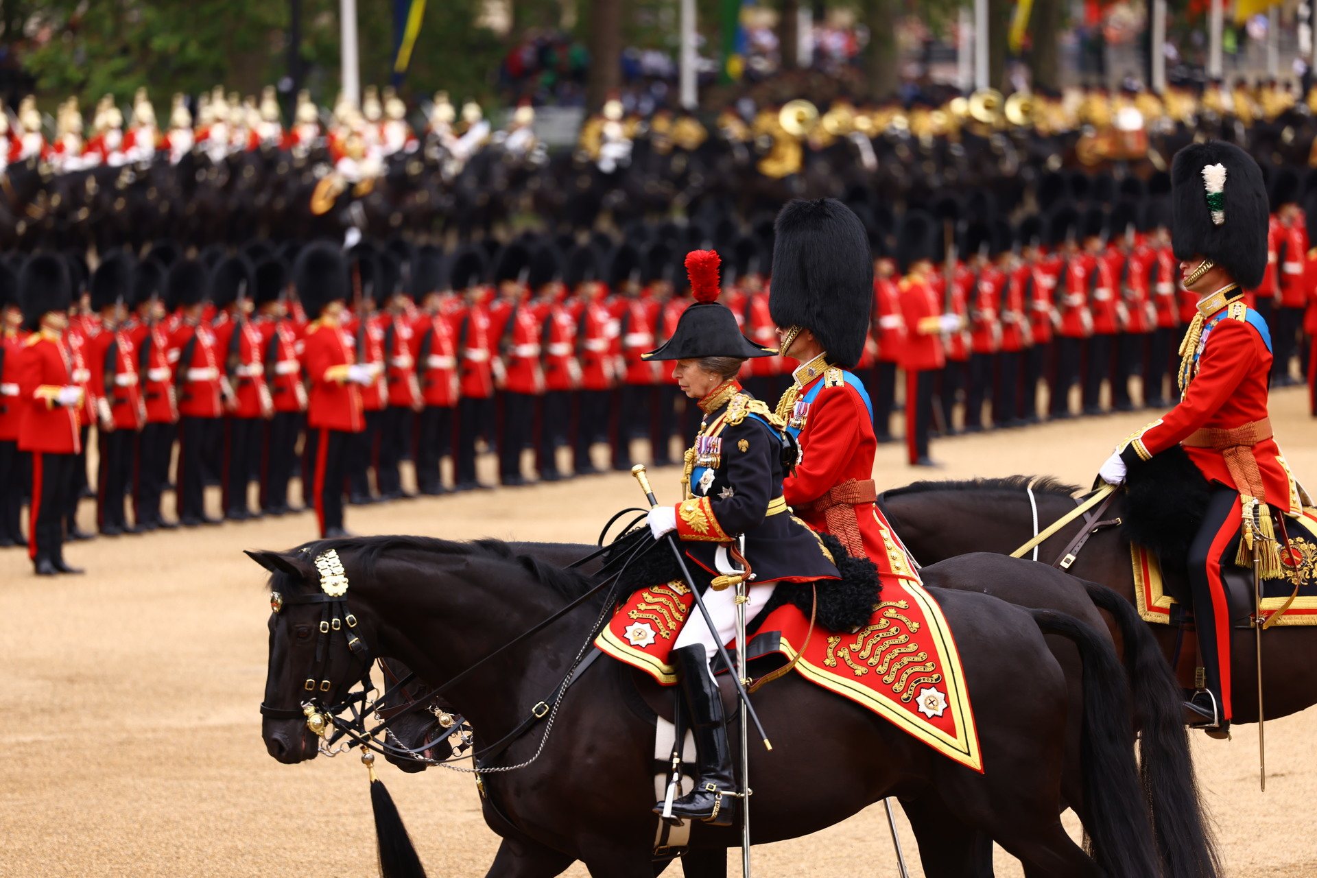 Pictured: HRH The Prince of Wales, The Duke of Edinburgh, and HRH Princess Anne on horseback at Horseguards.