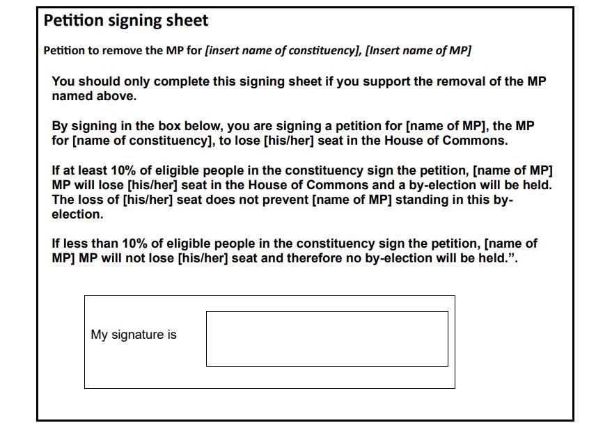 Recall petition: Constituents who want to remove Ferrier will sign a sheet that looks like this.