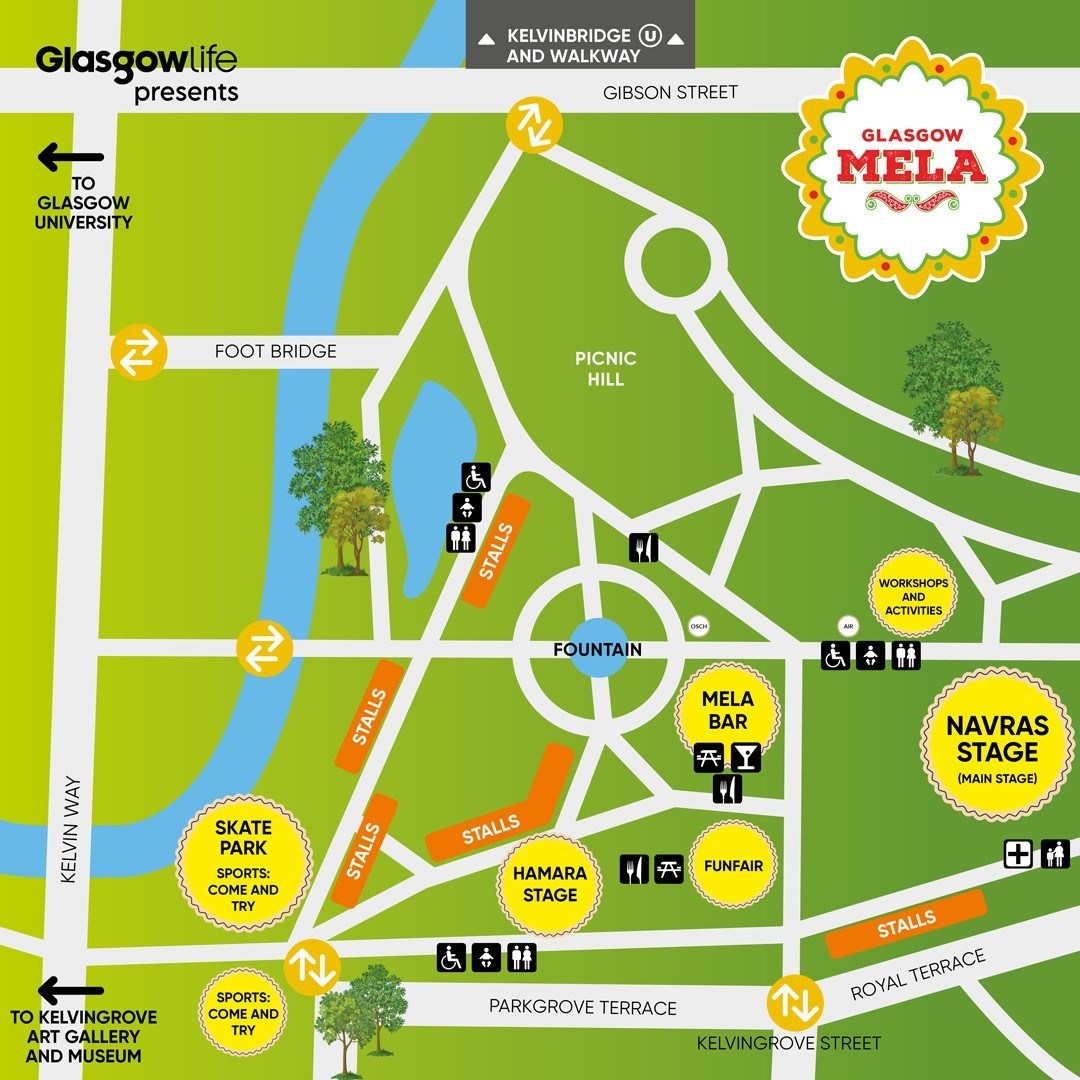 The Glasgow Mela site map for Kelvingrove Park.