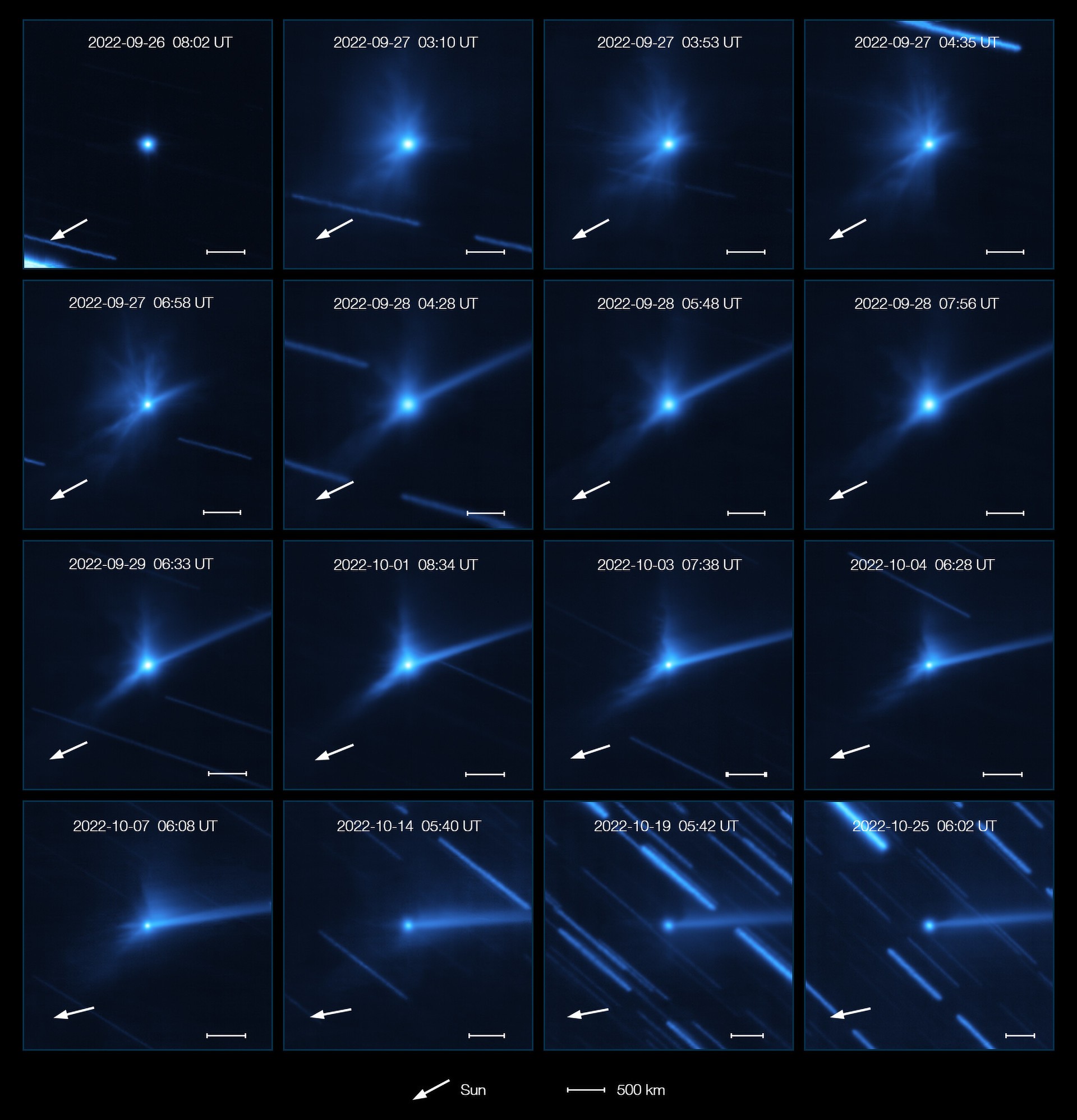 This series of images, taken with the MUSE instrument on ESO’s Very Large Telescope, shows the evolution of the cloud of debris that was ejected when NASA’s DART spacecraft collided with the asteroid Dimorphos. 