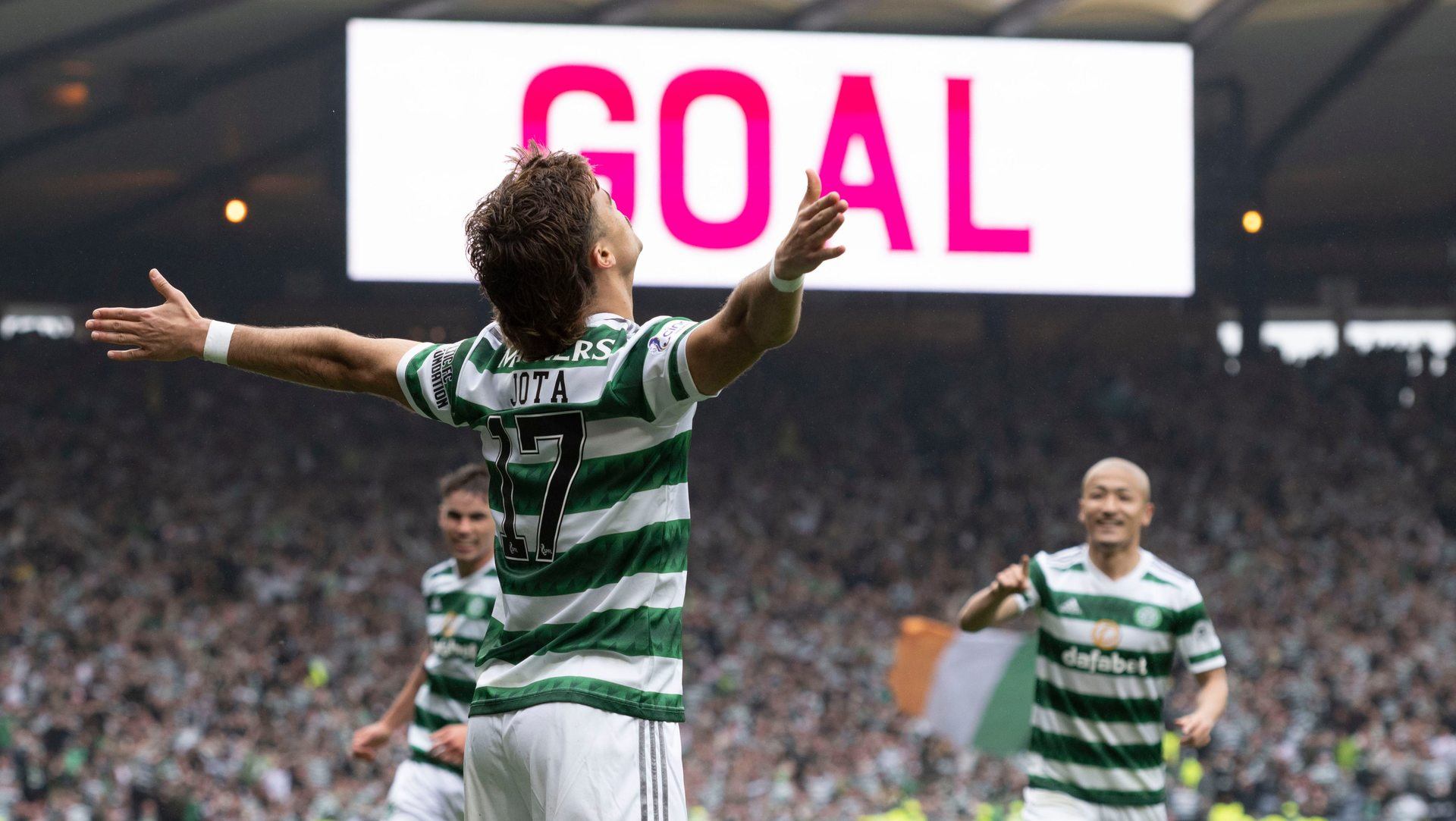 GLASGOW, SCOTLAND - APRIL 30: Celtic's Jota celebrates as he makes it 1-0 during a Scottish Cup semi-final match between Rangers and Celtic at Hampden Park, on April 30, 2023, in Glasgow, Scotland.  (Photo by Paul Devlin / SNS Group)