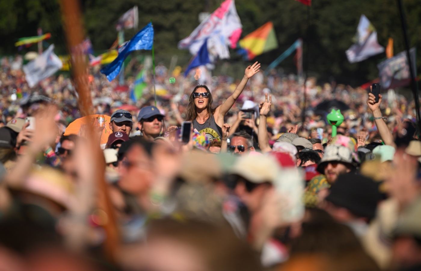  People sing along as Lewis Capaldi performs on the Pyramid Stage on June 24, 2023 in Glastonbury.
