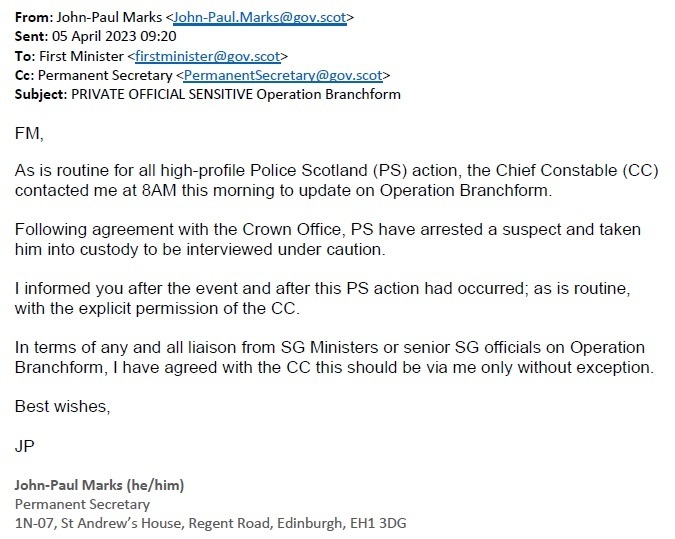 Correspondence between John-Paul Marks, the Scottish Government's permanent secretary, and First Minister Humza Yousaf.