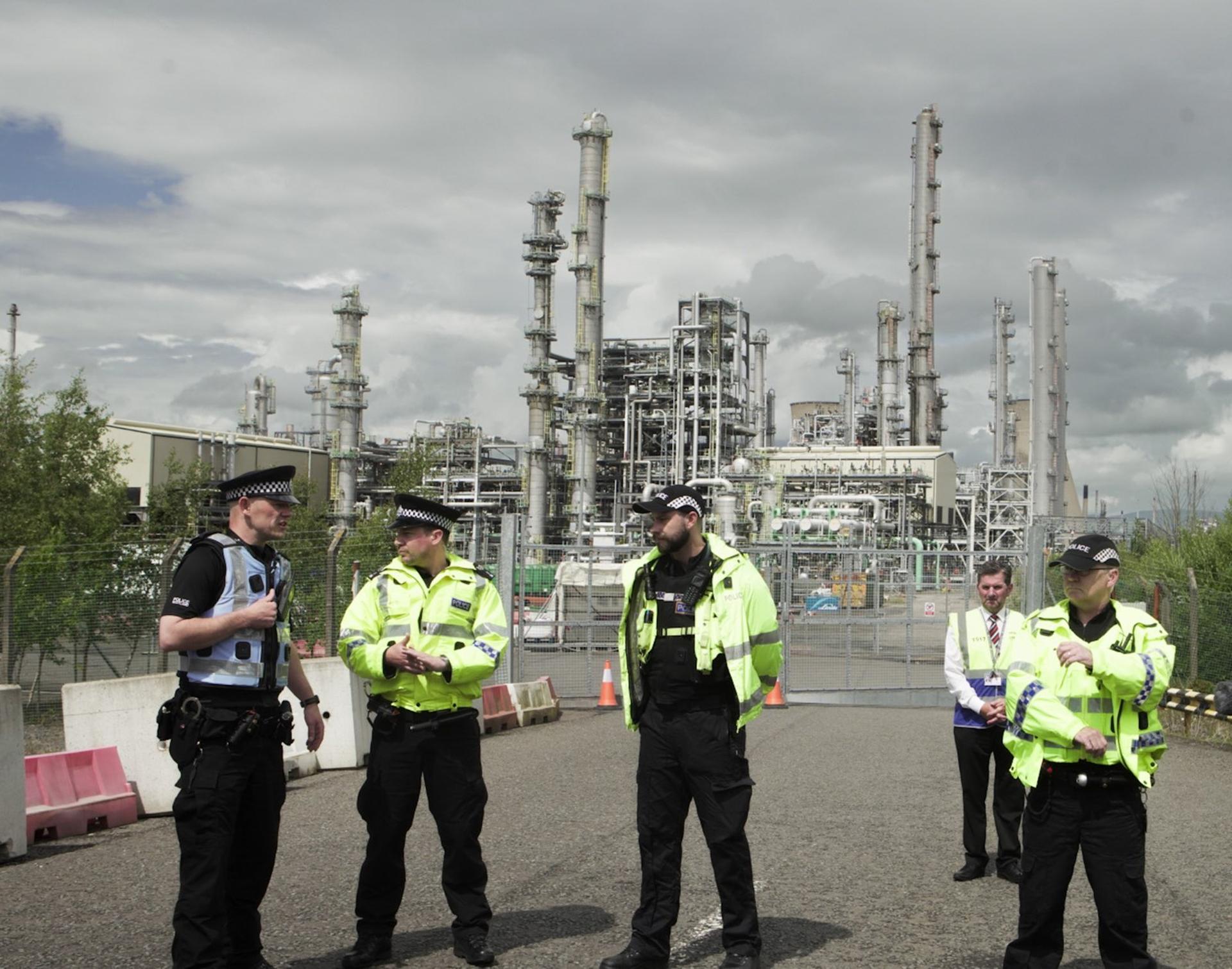 Police were outside the refinery on Saturday.