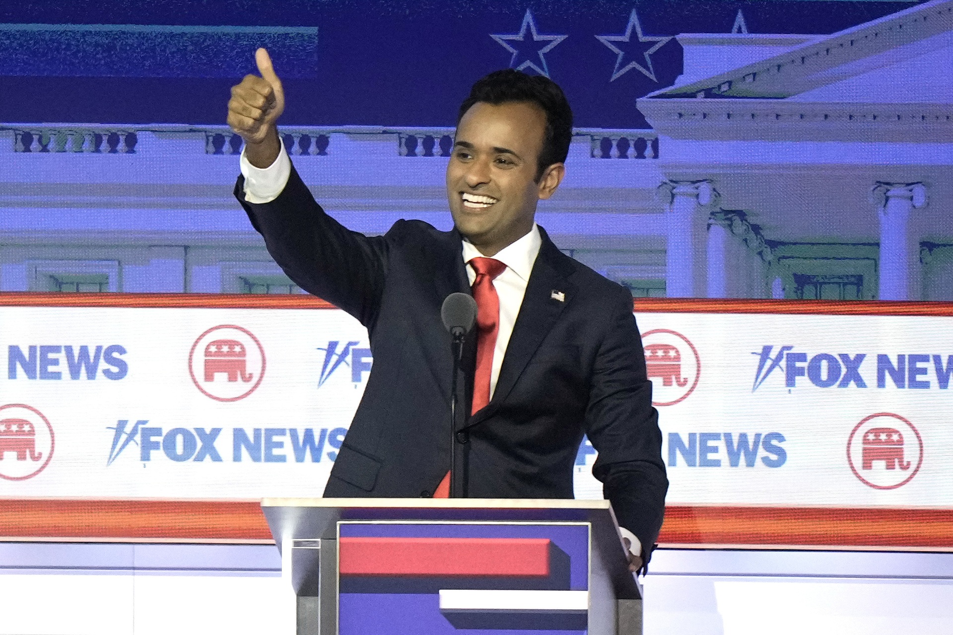 Businessman Vivek Ramaswamy reacts after a Republican presidential primary debate hosted by  theFOX News Channel Wednesday.