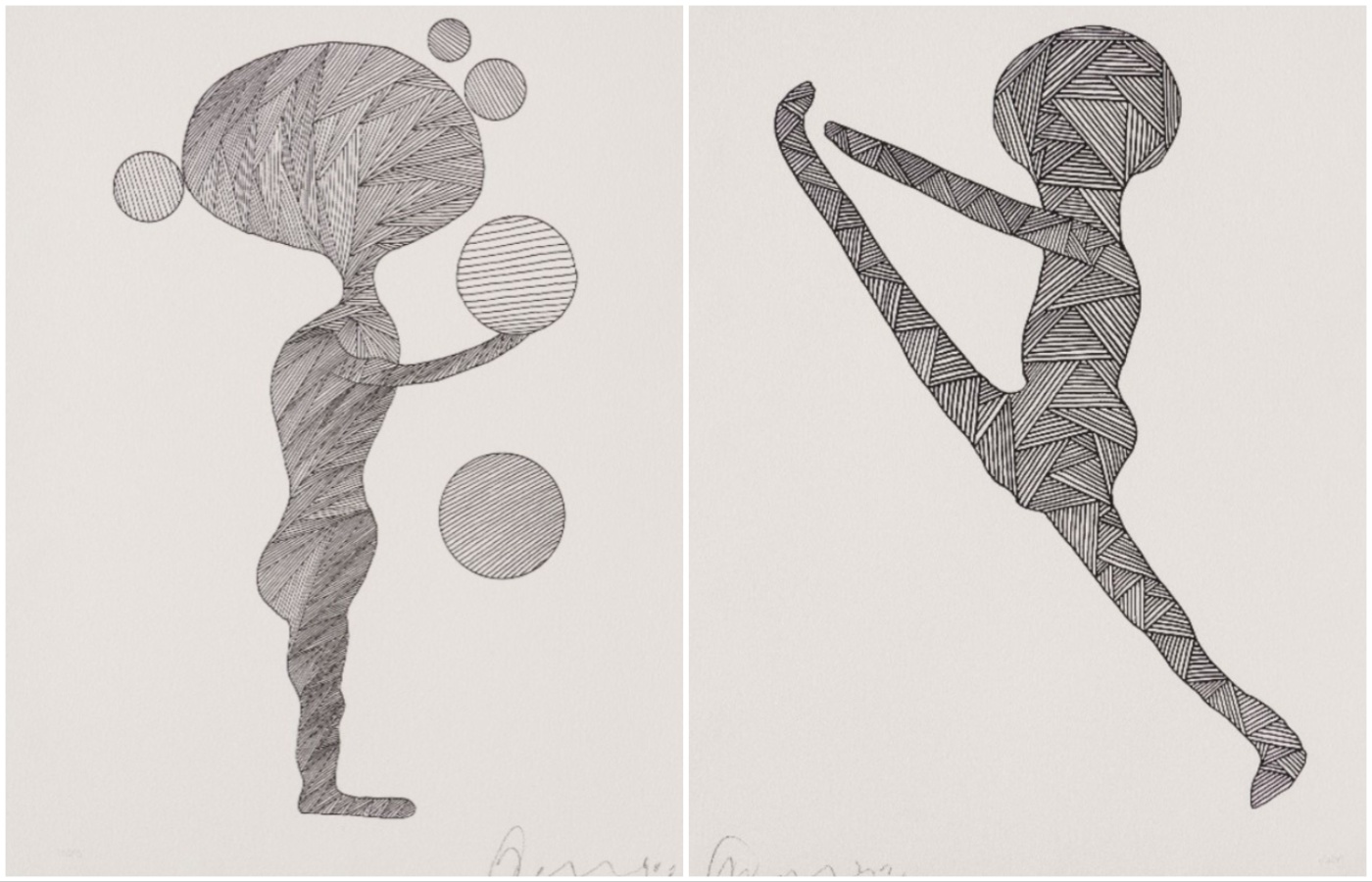 Two of the artworks from Billy Connolly: One-Armed Juggler and Pontius Tries Pilates.