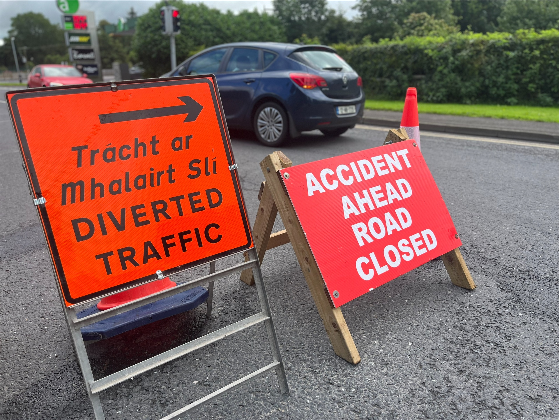 Road closure signs on the N54 outside Clones, Co. Monaghan.