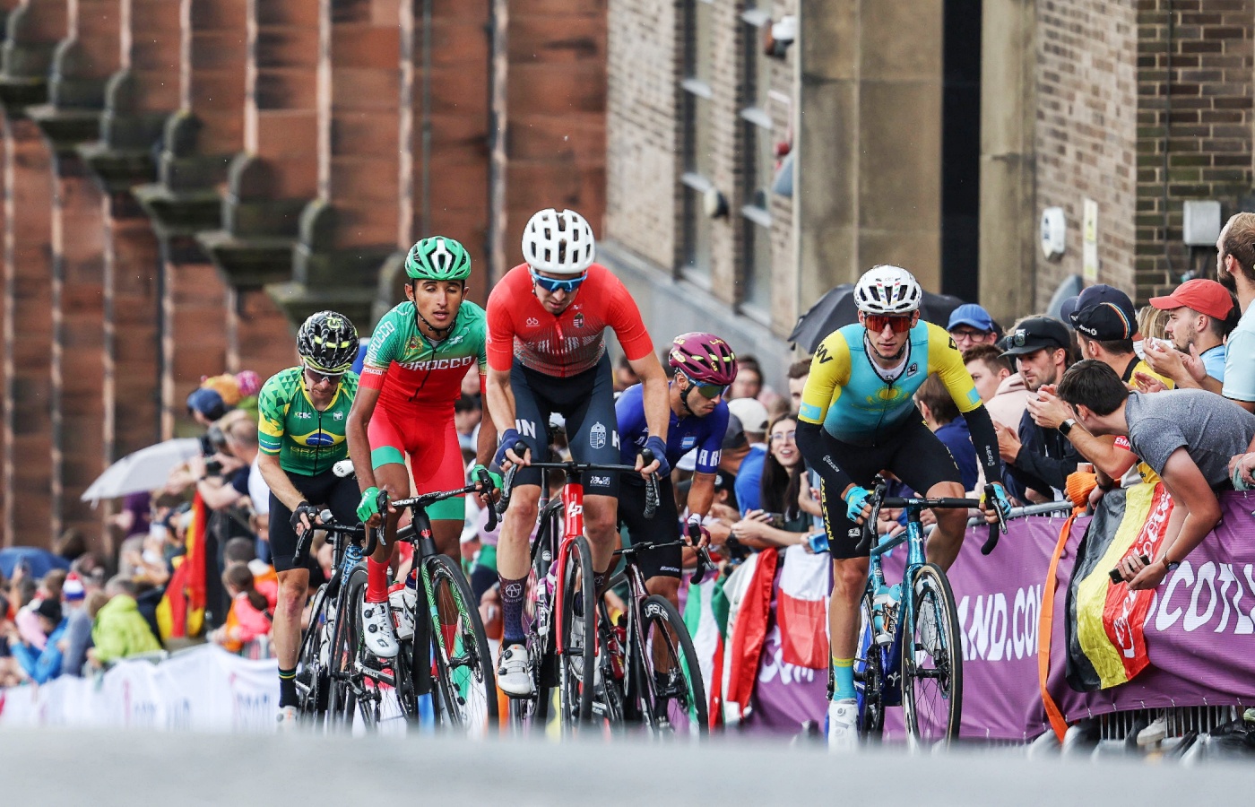 Cyclists climb Montrose Street during the UCI Cycling Championship men's elite road race.