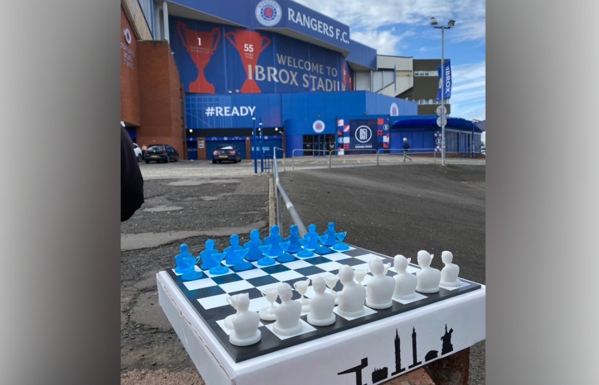 The Rangers chess set outside Ibrox.
