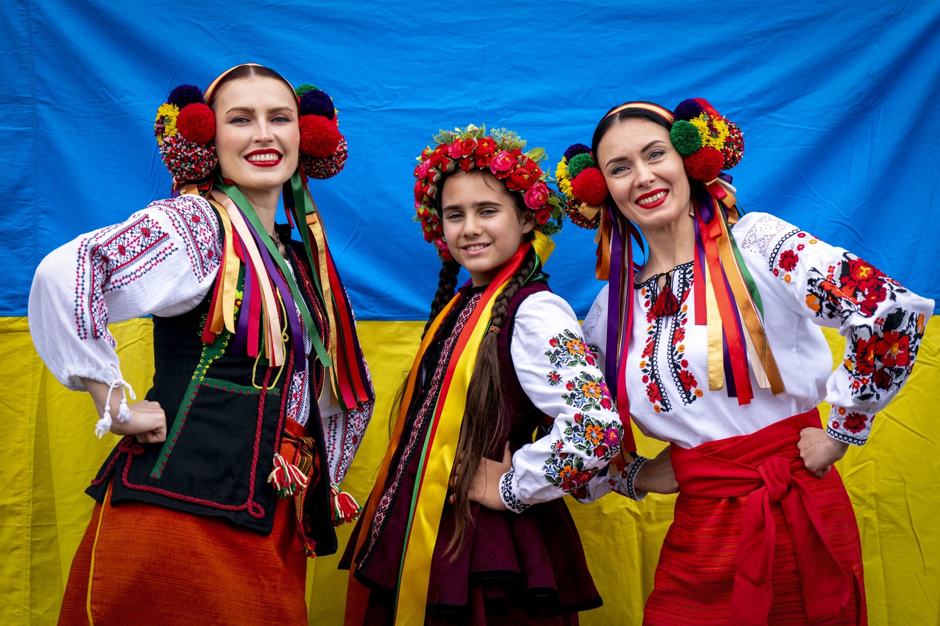 Tetiana Hordiienko, Mariana Melnyk and Oksana Saiapina, members of the Ukrainian choir Oberih (Jane Barlow/PA) 