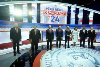 Republican US presidential candidates battle on stage as Donald Trump skips debate