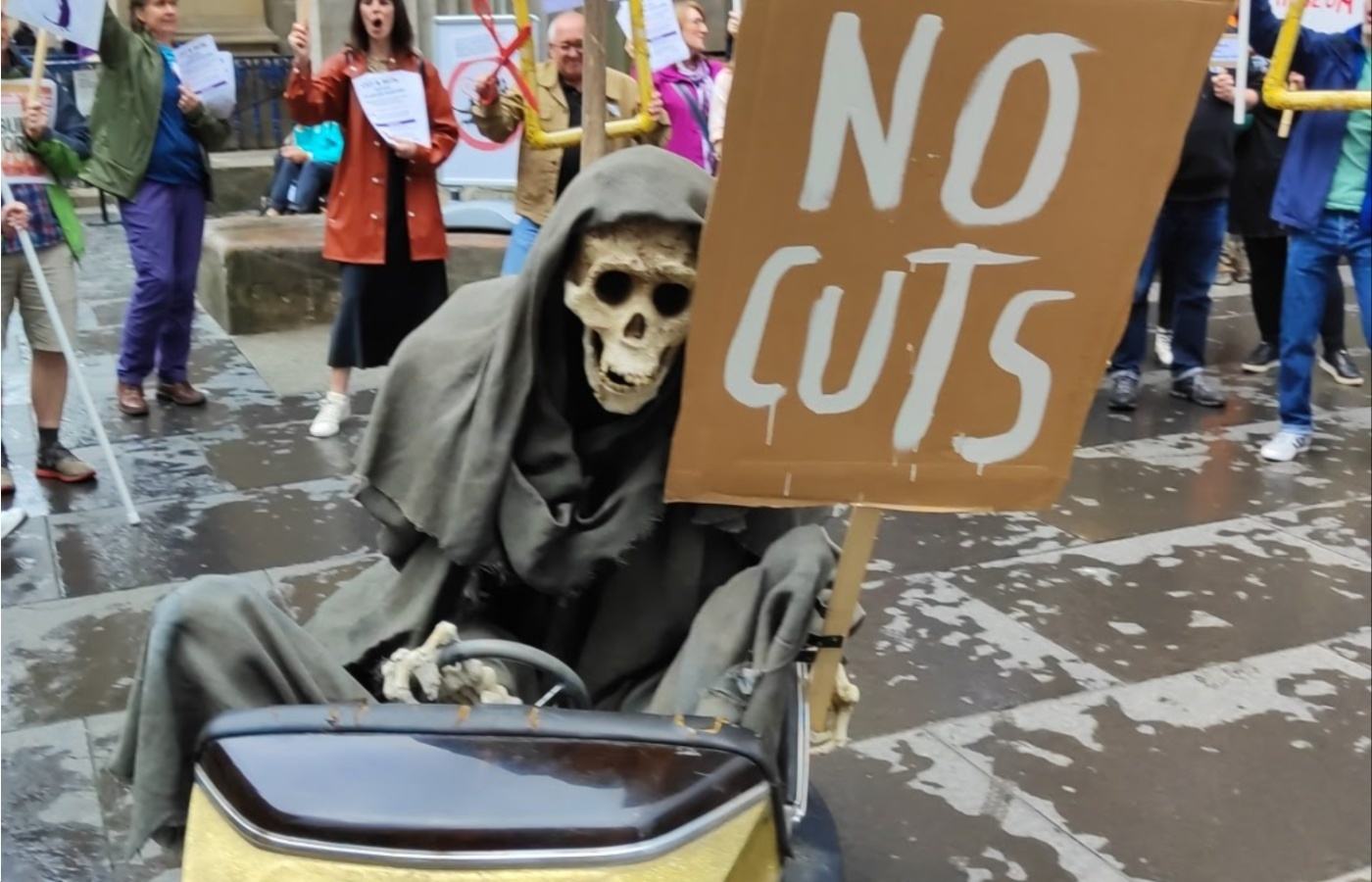 Banksy's Grim Reaper in a Dodgem supported protesting workers.