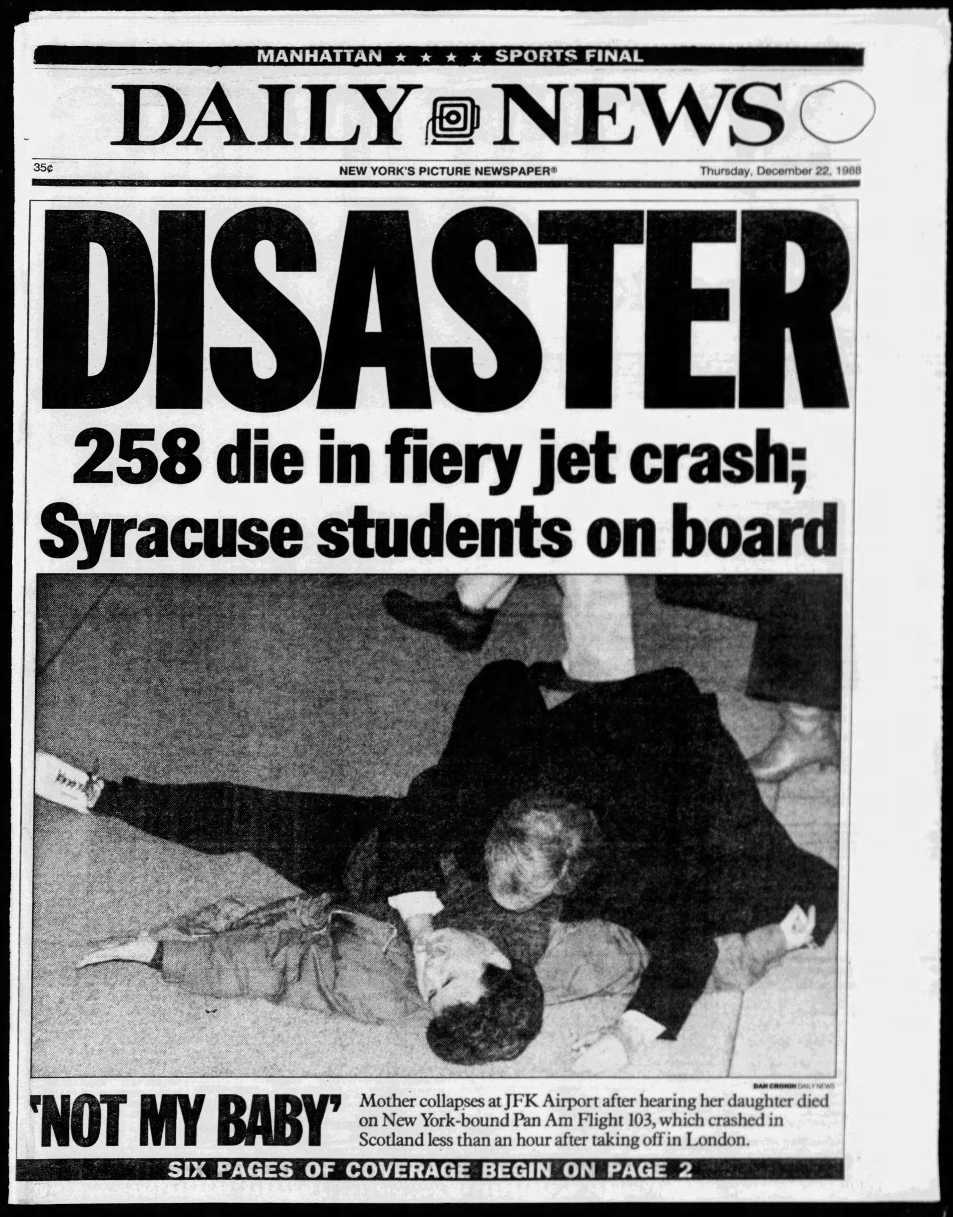 A New York newspaper headline the morning after the 1988 Lockerbie bombing.   