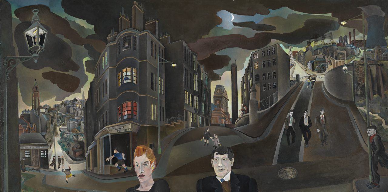 Alasdair Gray painting Cowcaddens Streetscape in the Fifties acquired by Glasgow Life Museums