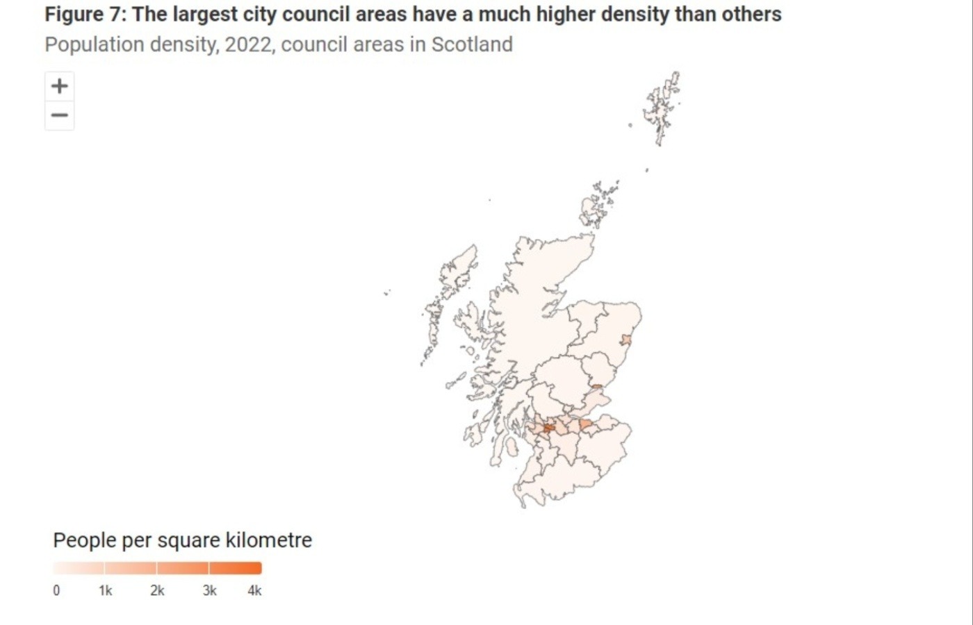 The map shows the population density by council area.