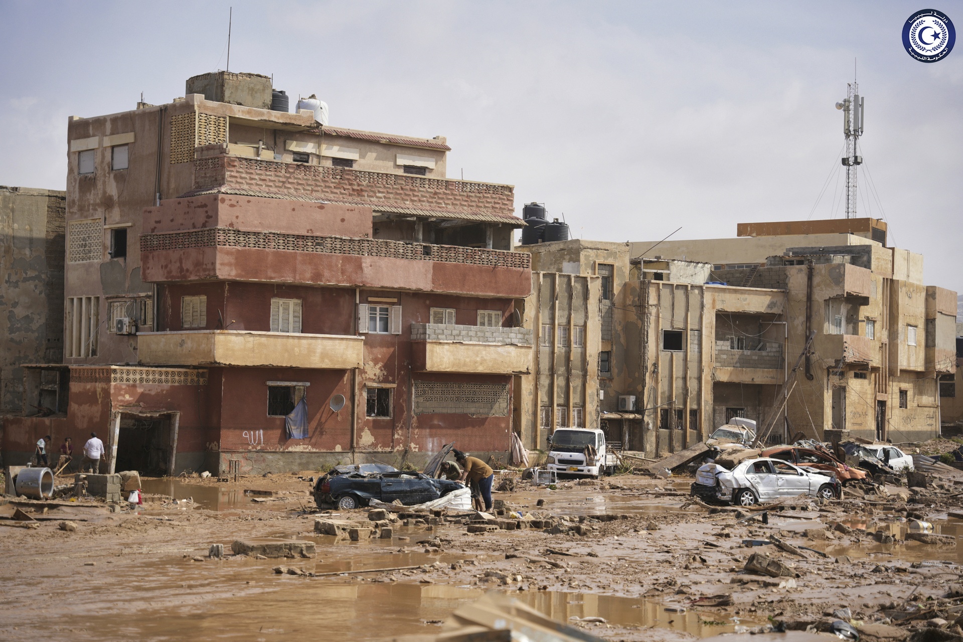 Cars and rubble in Derna, Libya.