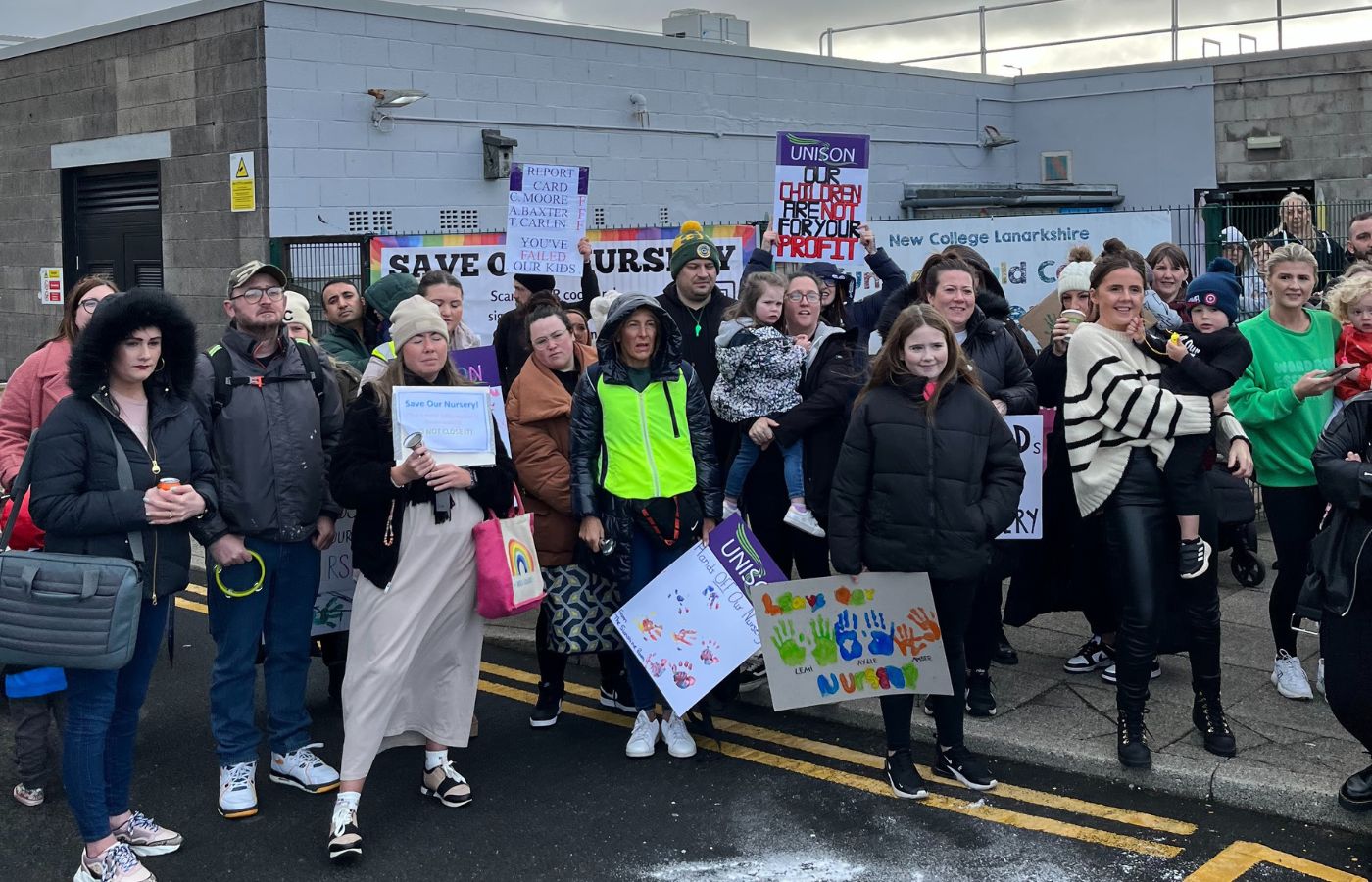 Parents are protesting against the closure of two New College Lanarkshire nurseries.