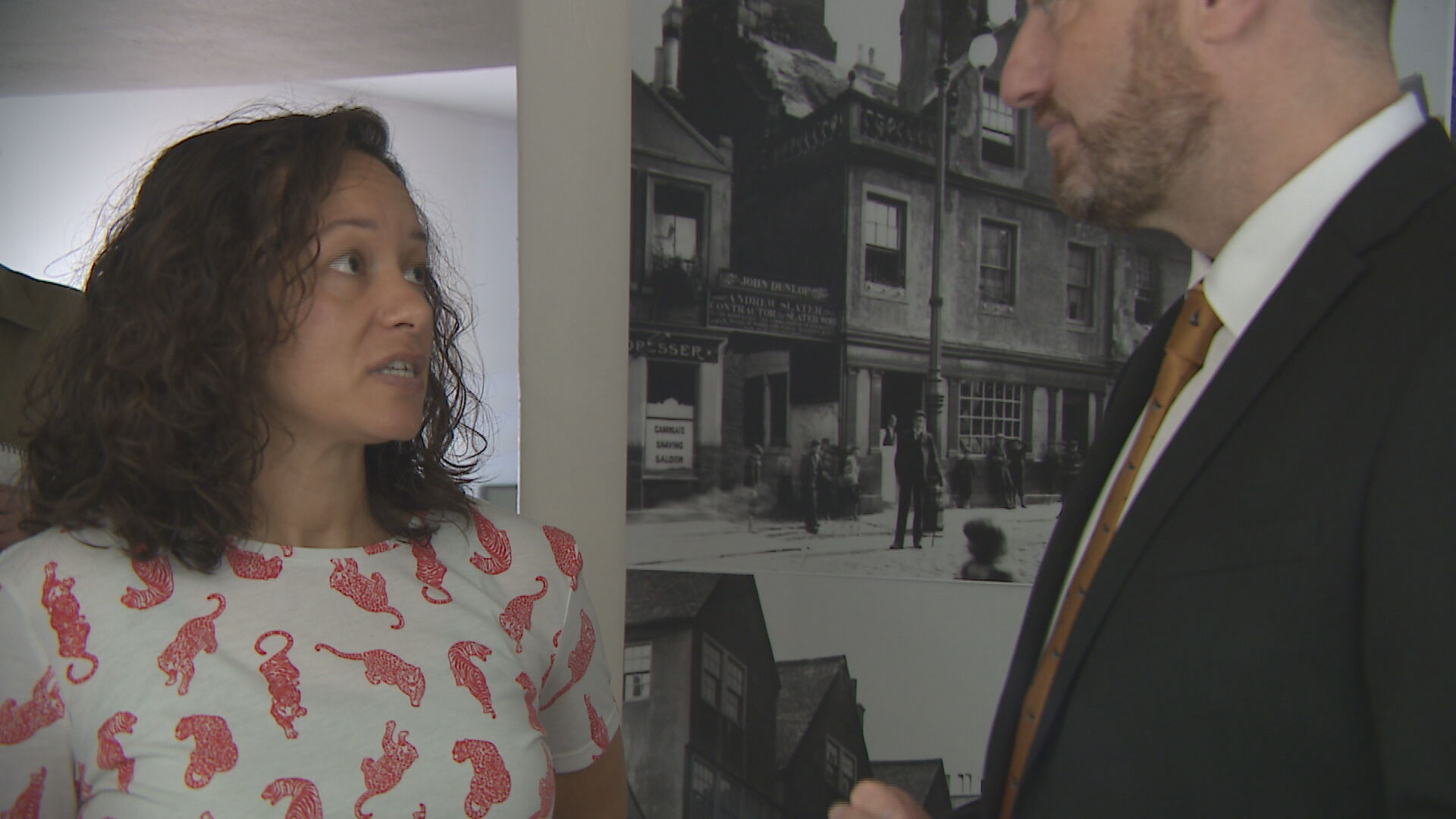 Co-curator Jeda, chatting to council leader Cammy Day, who came to visit the exhibition ahead of its launch.