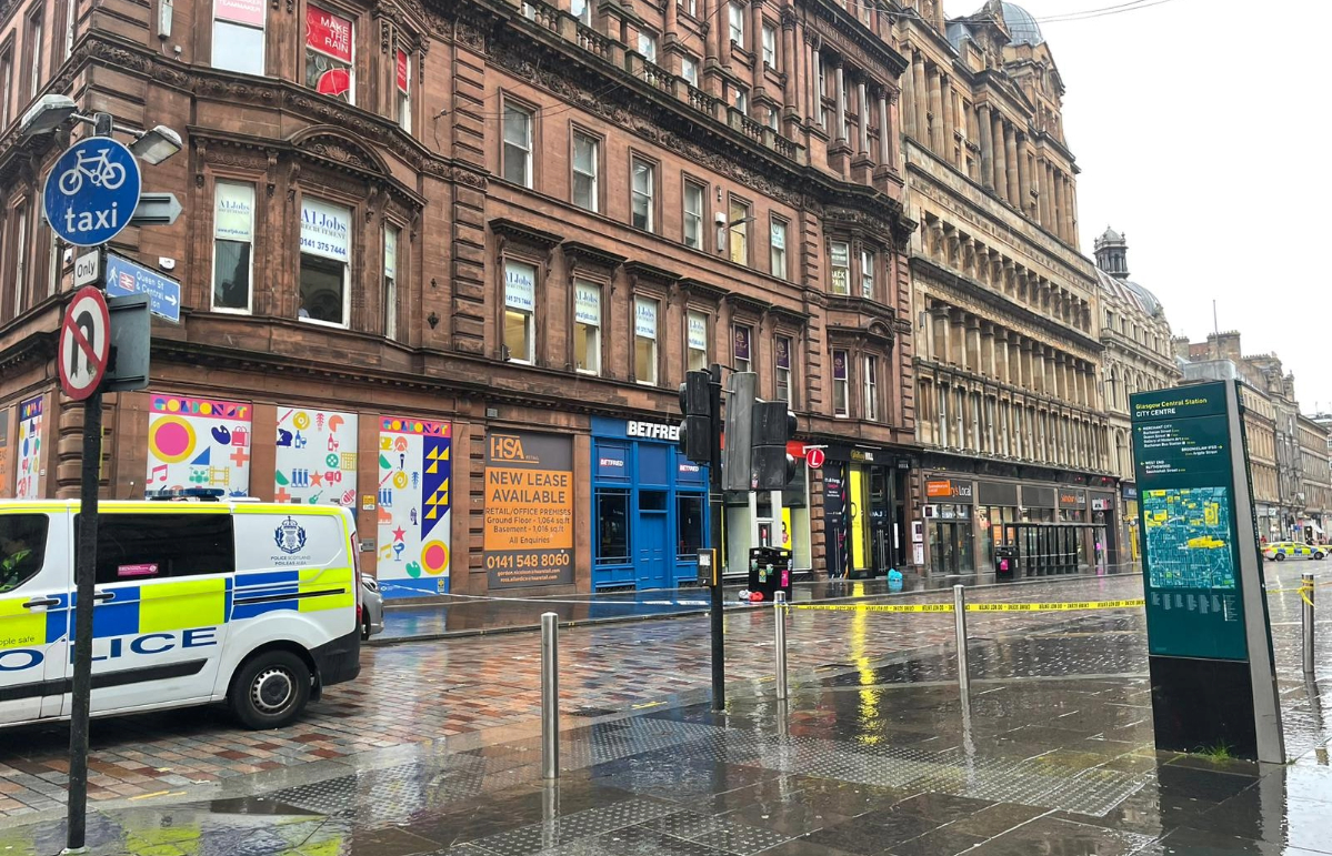 Gordon Street outside Glasgow Central Station closed due to debris